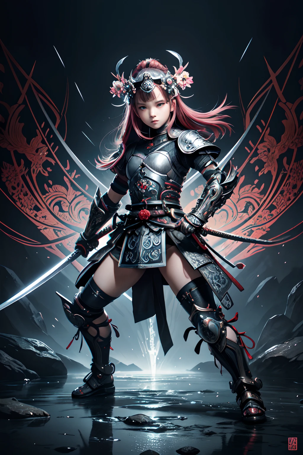 stunningly detailed absurdly adorable cyber fairy grunge style illustration, petite, full body shot, tightly grip a katana, open stance, cool eyes, glow sharp eyes, gray and red hair, classical samurai armor and gauntlet, samurai helm, hauntingly beautiful flower garden background, beautiful detail glow, (every detail captured texture:1.1), extremely insane detail, exquisite detail, insane details, divine possession water coloring, extremely elaborate detail, amazing background detail, intricate surface detail, (impeccable quality:1.1), highest quality, highly quality, best quality, hyper realistic, (style of silkscreen:1.2),