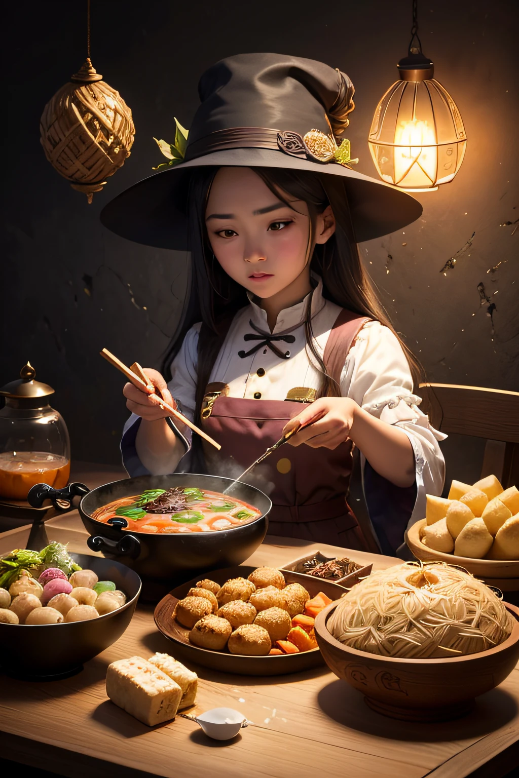 Bawan,beef noodle soup ,arroz de porco refogado ,bubble tea ,Guabao ,ovo de ferro ,Mochi de milho ,omelete de ostra ,ostra vermicelli ,pan fried breads ,pepper bread ,Bolo de abacaxi ,rice noodles ,panqueca de cebolinha ,tofu fedorento ,Bolo de sol , garota, bruxa, Magic, spell book, potion, parede, CAULDRON, Vestidos, Pointed hat, Vassoura, Mystical creatures, lua, Estrelas, Velas, Cristais, Floresta Encantada, voador, Levitando, casting spell,
