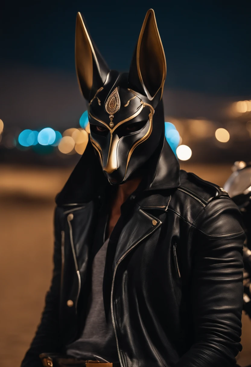 Mask of the god Anubis, a black jacket with black pants. Leaning against a motorbike in an Egyptian landscape at night.