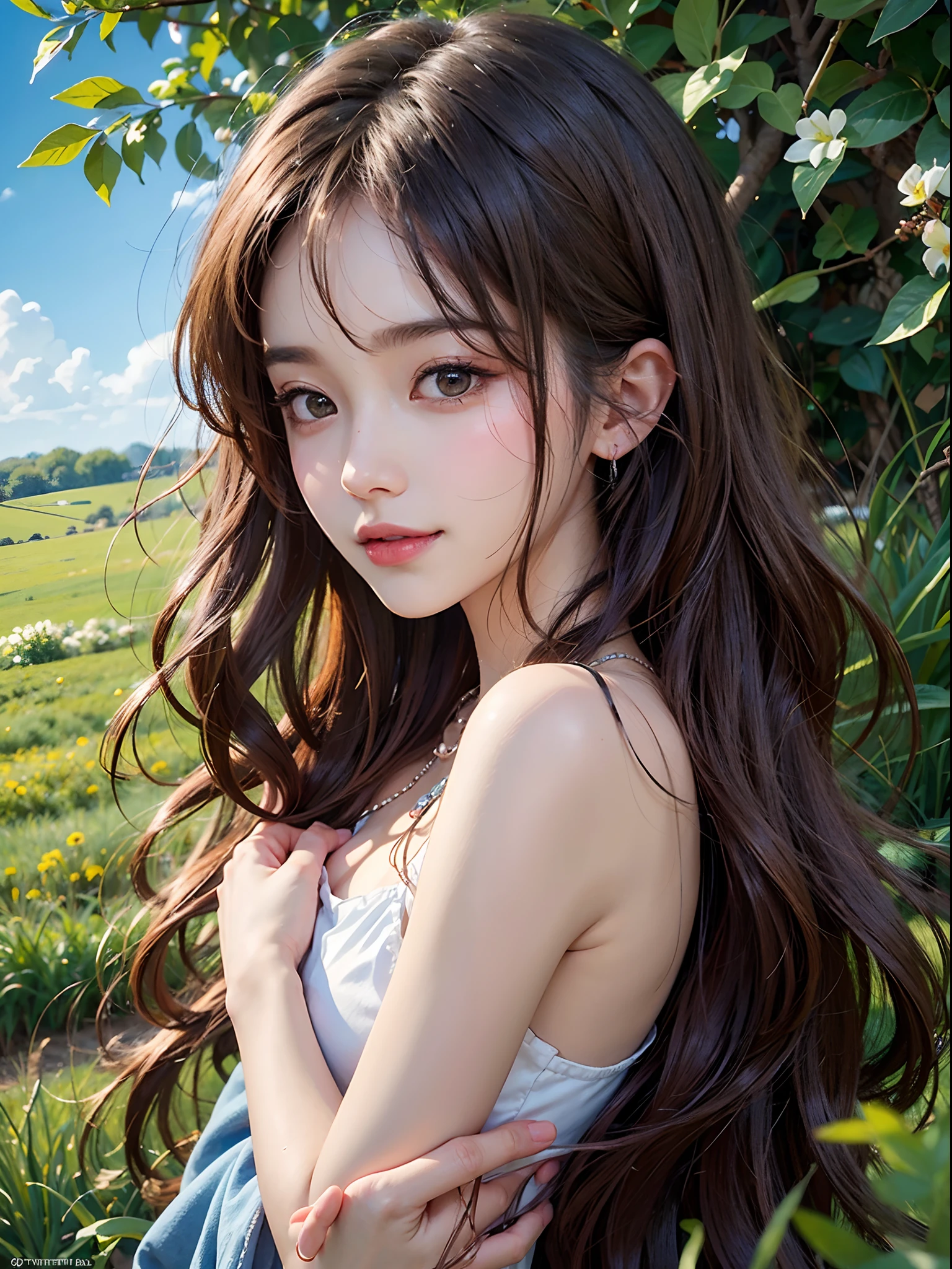(illustratio), (hight resolution), (8k picture), (ighly detailed), (The best illustrations), (beatiful detailed eyes), (top-quality), (ultra-detailliert), (masterpiece), (wall-paper), (详细的脸), 独奏, 1girl in, Brown wavy hair、huge smile、Blushing cheeks、bangss、Constriction of the lower back、skinny thigh、small ass、Beautiful bangs、Look at your audience、a necklace、耳Nipple Ring、Watching from above、blue open sky、clouds、grass field、Lying in the steppe
