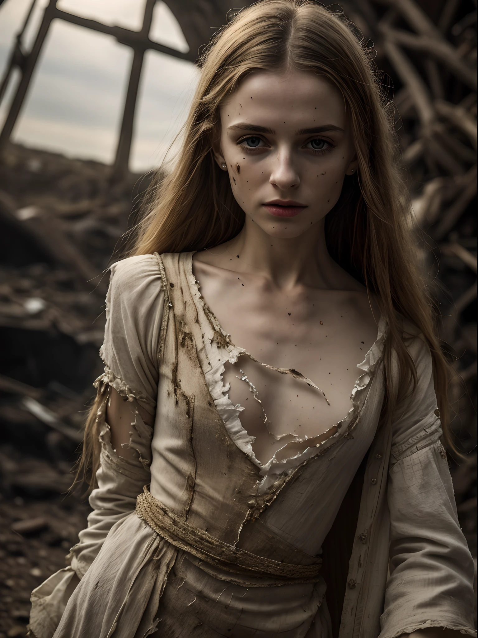 masterpiece, ultra detailed, 8K, Raw photo, Realistic light, Cinematic composition, Realistic face, Realistic skin, (woman from Ukraine), (torn and dirty traditional clothes), cute sexy, pleasure, perfect anatomy, war, cinematic, medieval village, nightfall