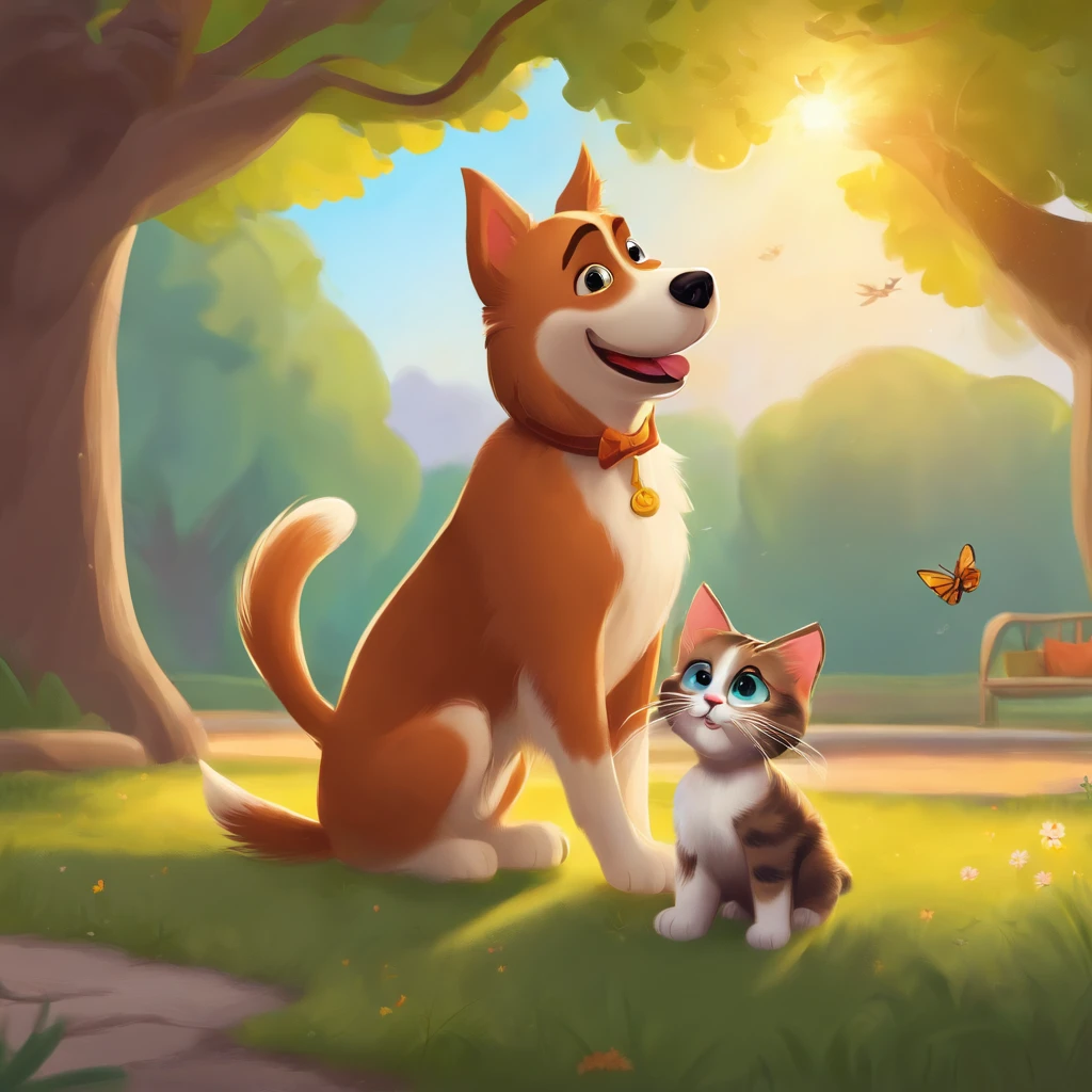 A dog and a cat playing together in the park, Digital painting, illustration catoon style, artstation, Highly detailed, fun, Sunny lighting