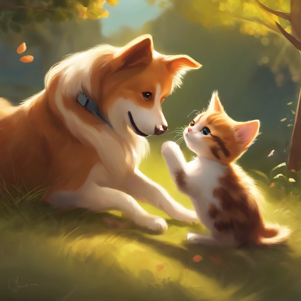A dog and a cat playing together in the park, Digital painting, illustration catoon style, artstation, Highly detailed, fun, Sunny lighting