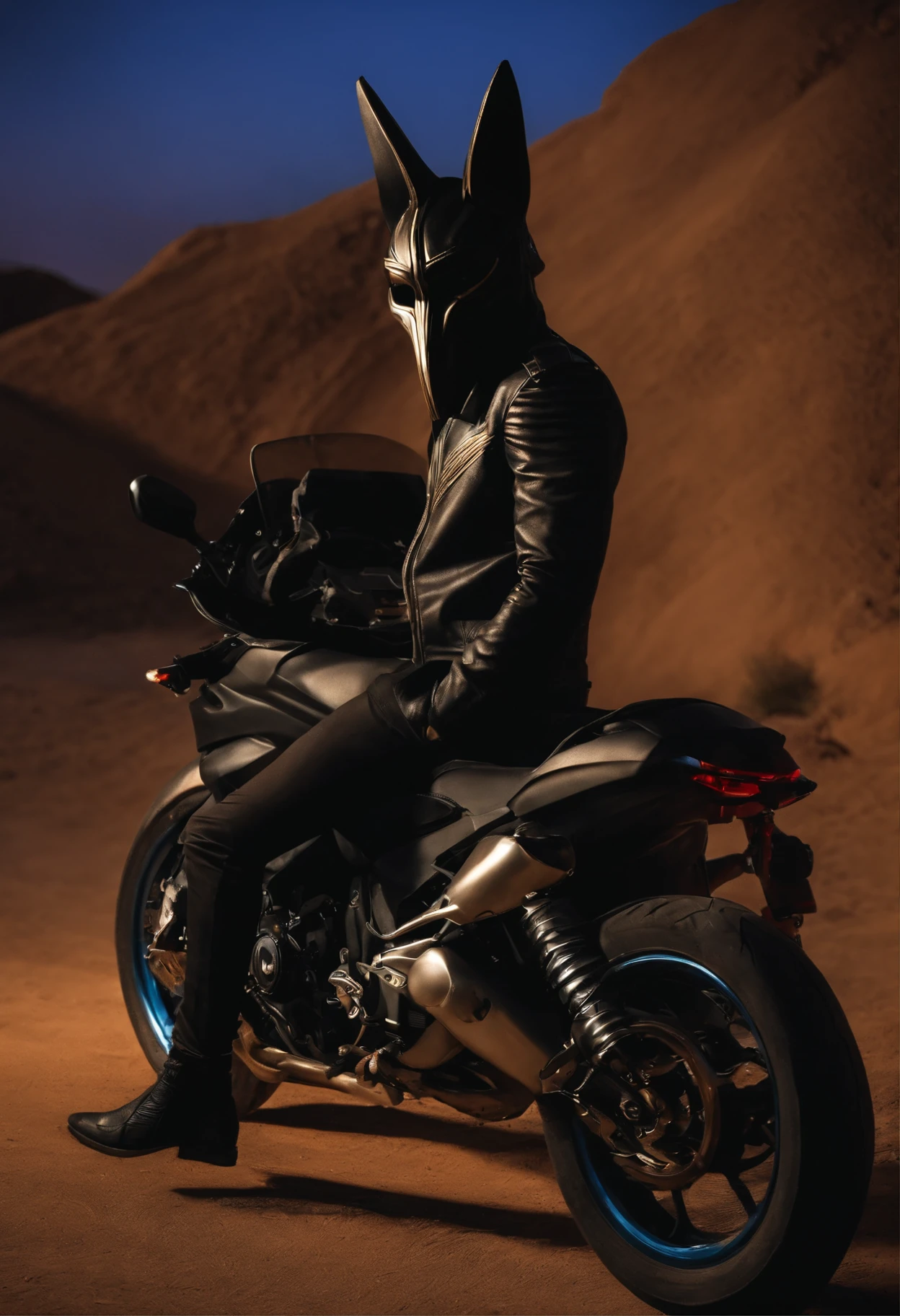 Mask of the god Anubis, a black jacket with black pants. Leaning against a motorbike in an Egyptian landscape at night.