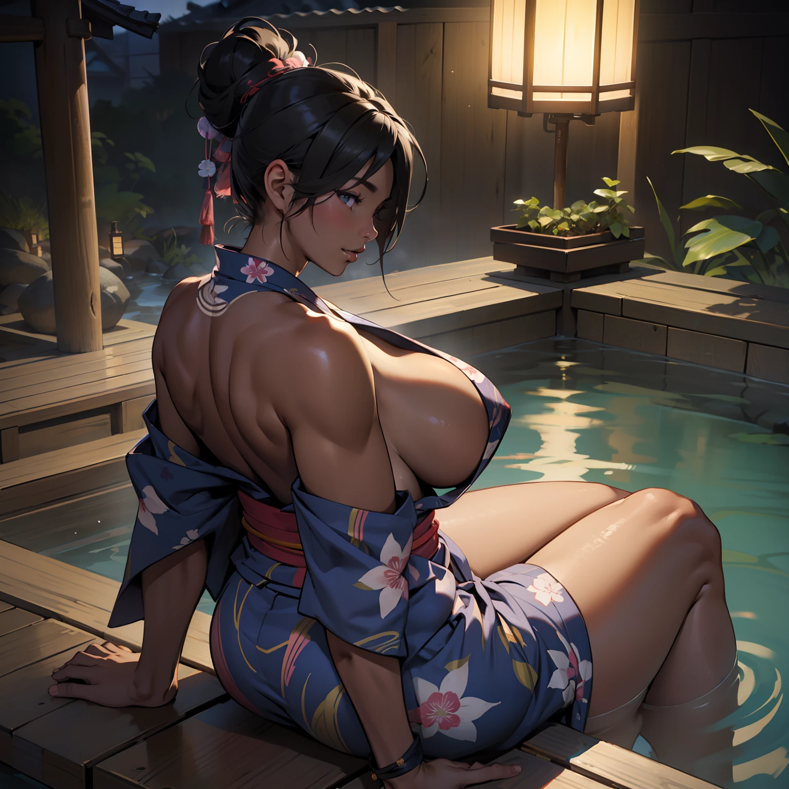 there is a woman that is sitting in a bath tub,(((A MILF: 1.4))), (Curvy:1.35),(((Dark skin)))，legs apart，Curvy physique, Fitness model, Thick body,blue yukata，(dark nipple),((Completely naked)),(((Breasts overflow from yukata))),glue on breasts，Black areola ,Japanese onsen, high-end onsen, Onsen, sakimichan,  komono, model in Japan，((Sexual suggestiveness)),from behind