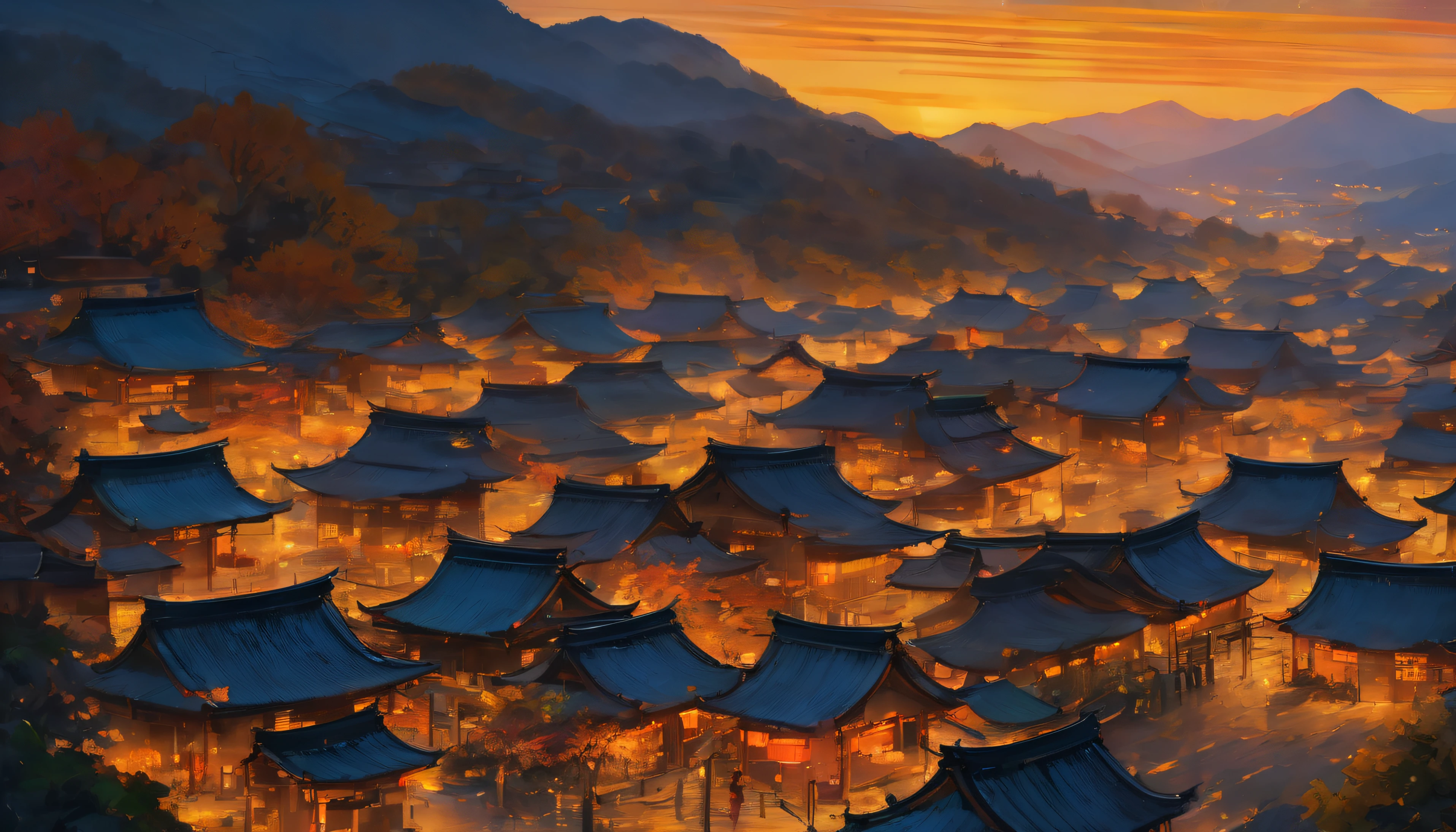 Imagine a top view of a Japanese village at night, with the iconic Starry Night style of Van Gogh. The focal point of the composition is a beautiful halo of light, casting a stunning gradient of sunset colors over the autumn landscape. The play of shadows and light effects create a mesmerizing nightscape that will transport you to another world. ( ( Top view, high angle view, Focal point composition) ) van gogh starry night style, nightscape, nightscene, night lanterns, japanese village, Sunset Gradient, moonlit night, halo, beautiful light, beautiful play of shadow, light effects, Autumn, Ancient japanese shrines architecture, there are many scattered buildings on the high mountain, ( huge Taoist incense burner, Sending out exquisite and beautiful magical effects) , waterfall cascading from the island, a vast sea of clouds, spectacular waterfalls, group of buildings, lanterns and sky lanterns floating in the air, high mountains, starry skies, soft color, refreshing, beautiful, Chinese landscape painting, cinematic lighting, high detail, (close-up), (chiaroscuro),fine facial details,cinematic lighting, (depth of field), UHD, --v6