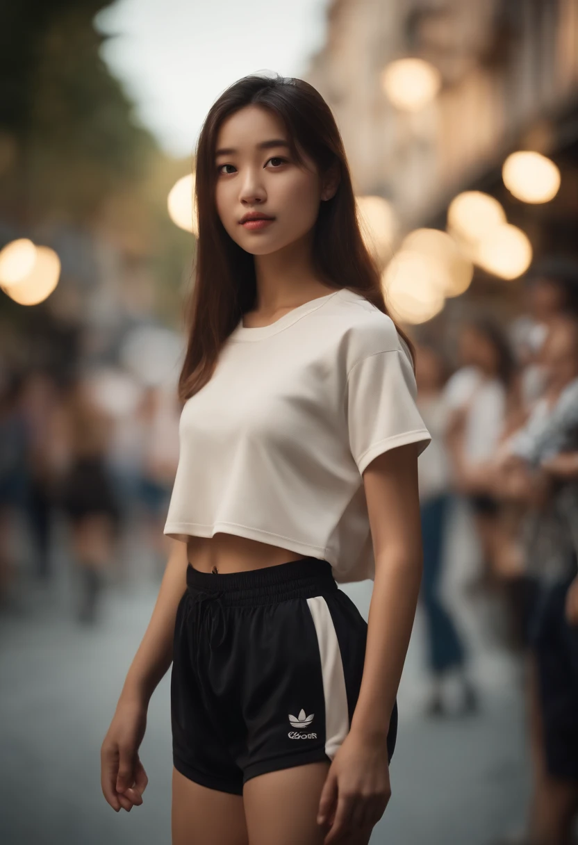 Fille de  ans, Korean girl wearing sports shorts, crop top, tres grosse poitrine, rue, overcrowded people, accentuation cuisses, Bokeh, realistic lighting, photo realist, Cinematic color calibration, High-quality 8K photo, ultra high quality, Realstic