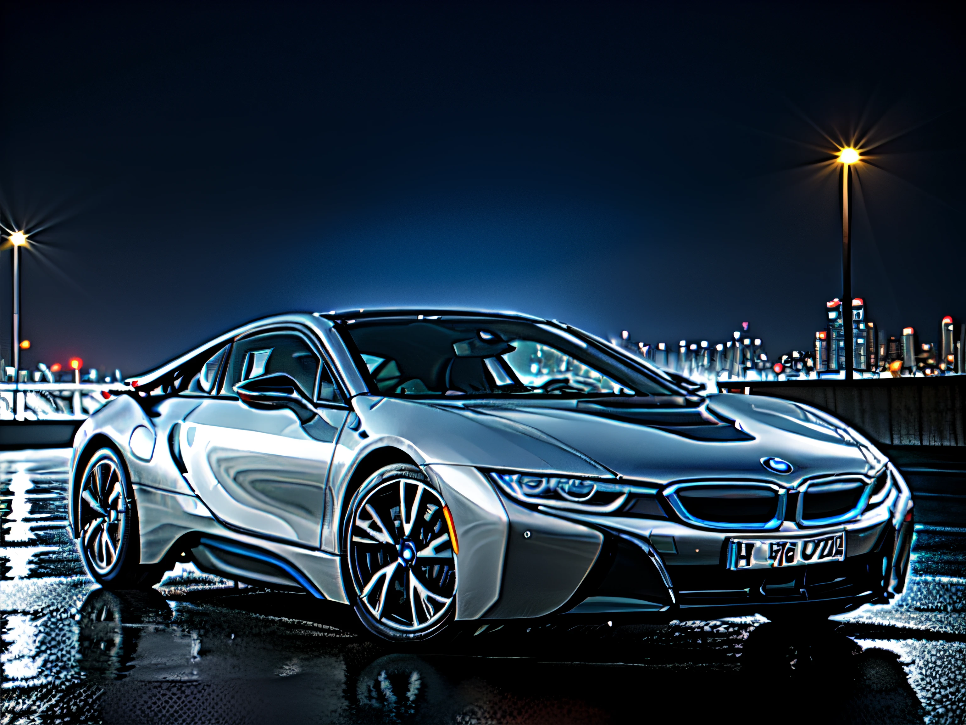 BMW i8 with open light at night while its raining in a city