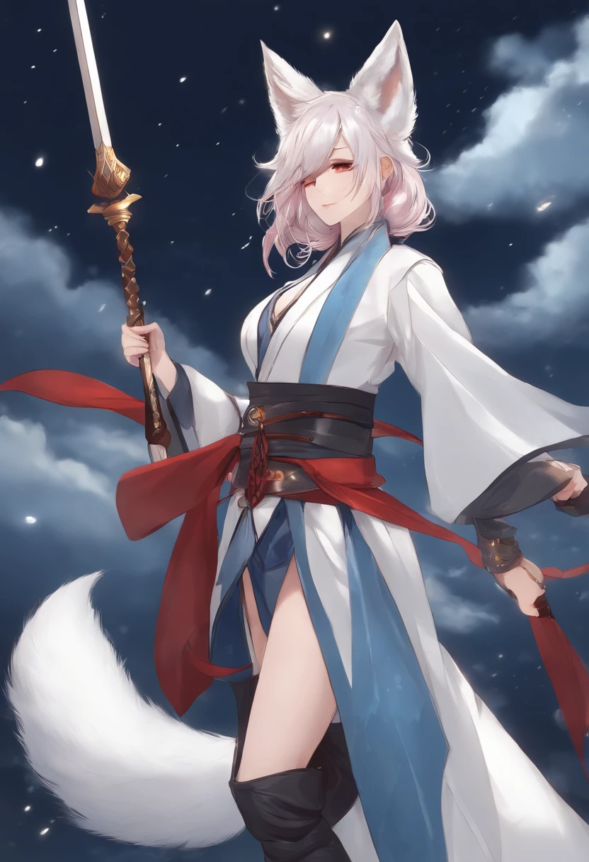1girl, animal_ears, boots, holding_wand, weapon, cloud, cloudy_sky, constellation, earrings, emphasis_lines, jewelry, katana, motion_lines, night, outdoors, rain, shooting_star, sky, solo, speed_lines, storm, sword, thunder, lightning, trembling, water_drop, weapon, wet, wet_clothes, fox_girl, multiple_tail, fox_ears, animal_ear_fluff, floating, kimono, fox_mask, multicolored_hair, two-tone_hair, red_hair, white_hair, tied_hair, low_ponytail, very_long_ponytail, white_fur, blue_blade,