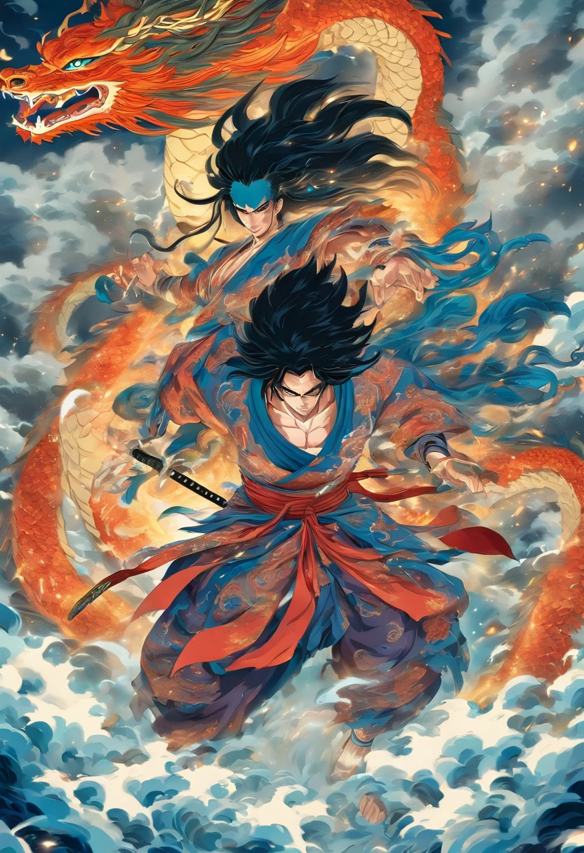 Susanoo, God of Storms, Slaying a Dragon, Katana Sword, Eight-Headed Dragon, Hydra, White and Blue Clothes, Long Black Hair, Serene Expression, Shui Mo Hua, Lotus, Chinese Painting Style, Thangka Style