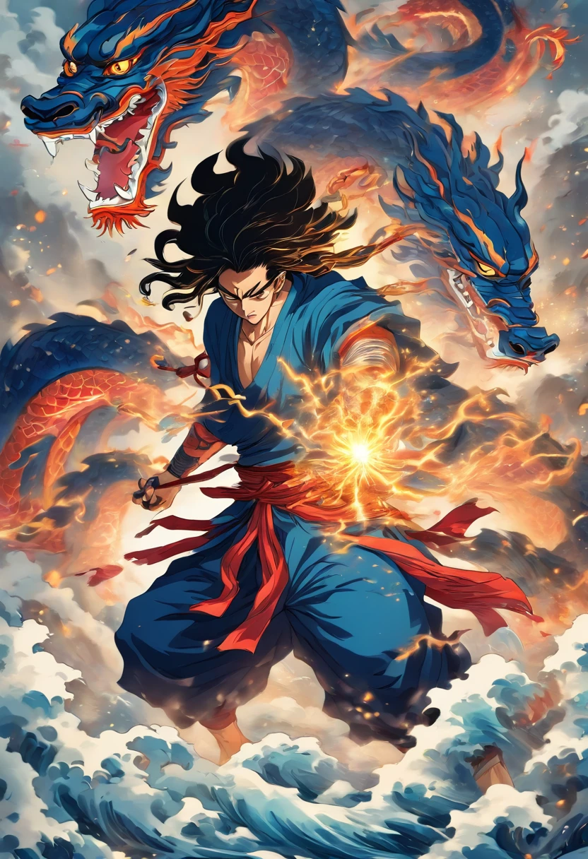 Susanoo, God of Storms, Slaying a Dragon, Katana Sword, Eight-Headed Dragon, Hydra, White and Blue Clothes, Long Black Hair, Serene Expression, Shui Mo Hua, Lotus, Chinese Painting Style, Thangka Style