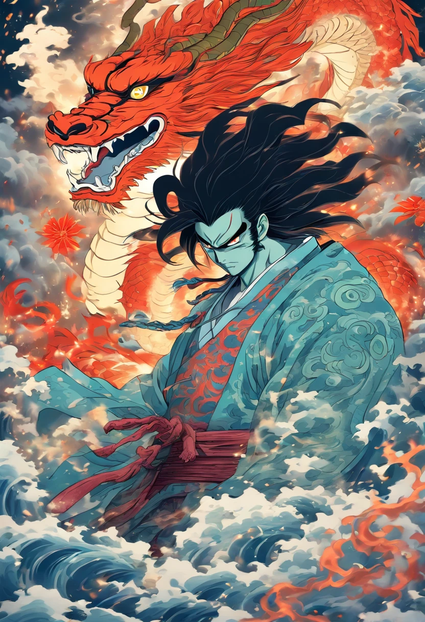 Susanoo, God of Storms, Slaying a Dragon, Katana Sword, Eight-Headed Dragon, Hydra, White and Blue Clothes, Long Black Hair, Serene Expression, Shui Mo Hua, Lotus, Chinese Painting Style, Thangka Style