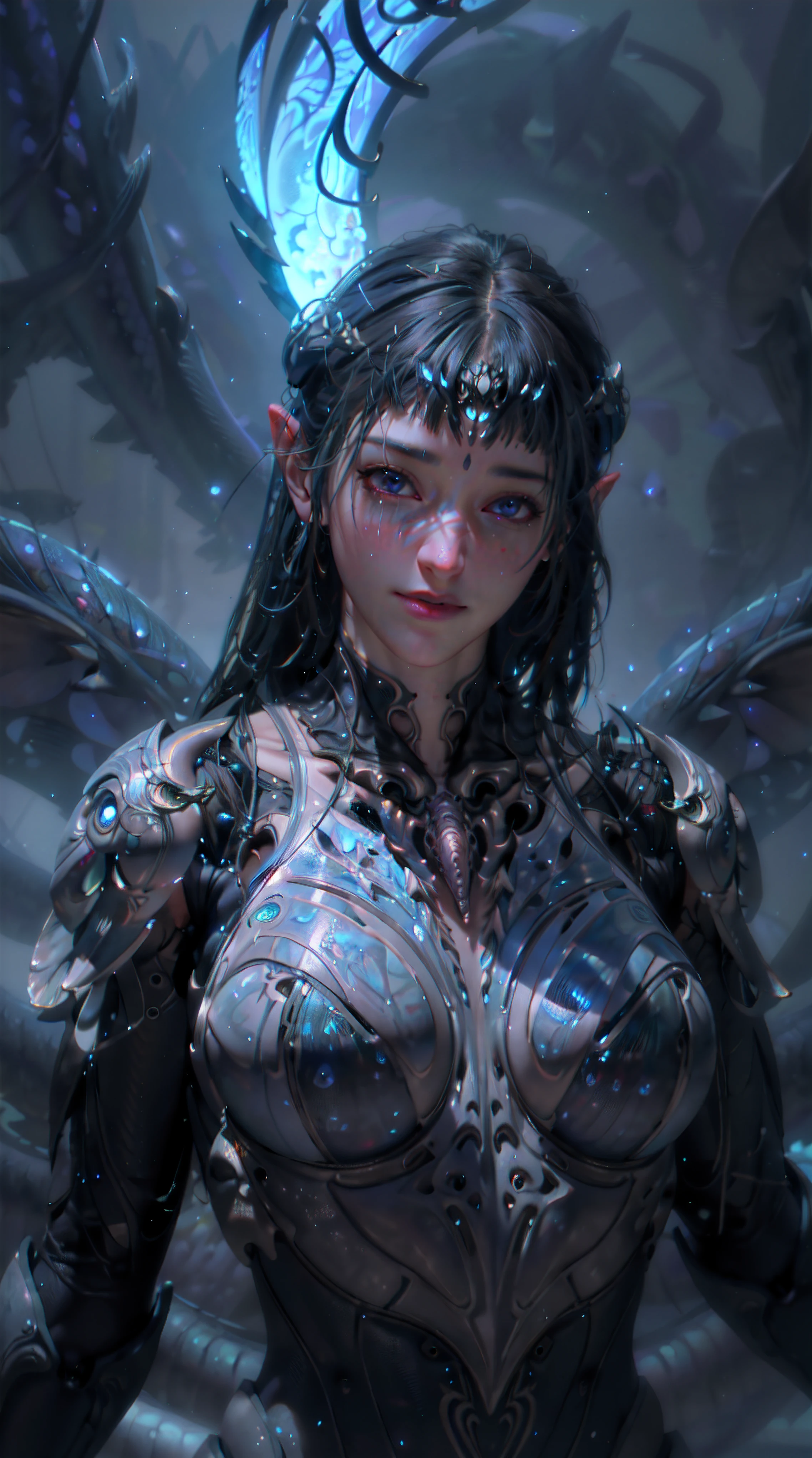 POV, cyborg, , upper body, biomechanical, glowing scales, ethereal background, mystical atmosphere, colorfu, intricate patterns, atmosphere, ultra high res, (photorealistic:1.4), raw photo,16K,dramatic lighting,