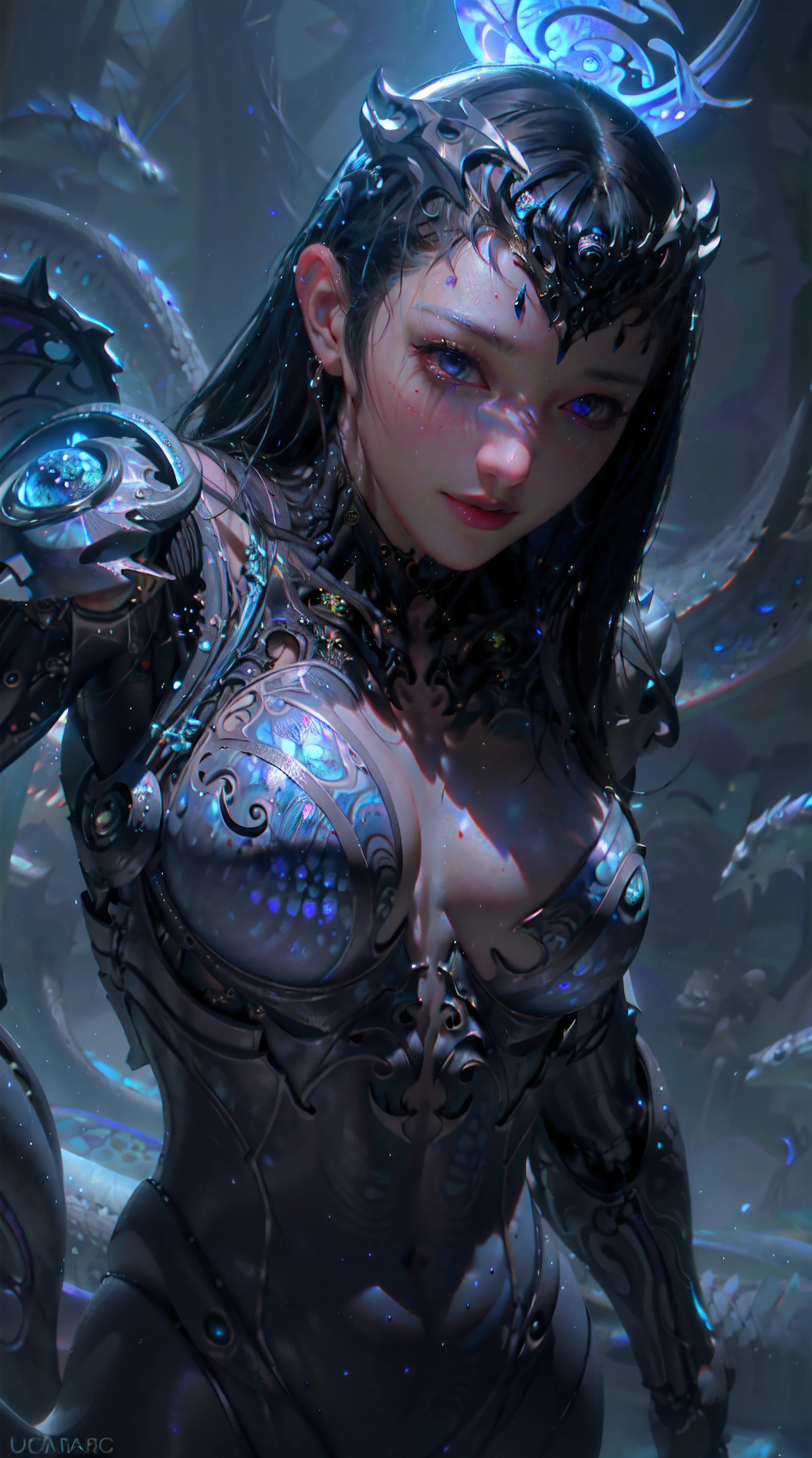POV, cyborg, , upper body, biomechanical, glowing scales, ethereal background, mystical atmosphere, colorfu, intricate patterns, atmosphere, ultra high res, (photorealistic:1.4), raw photo,16K,dramatic lighting,