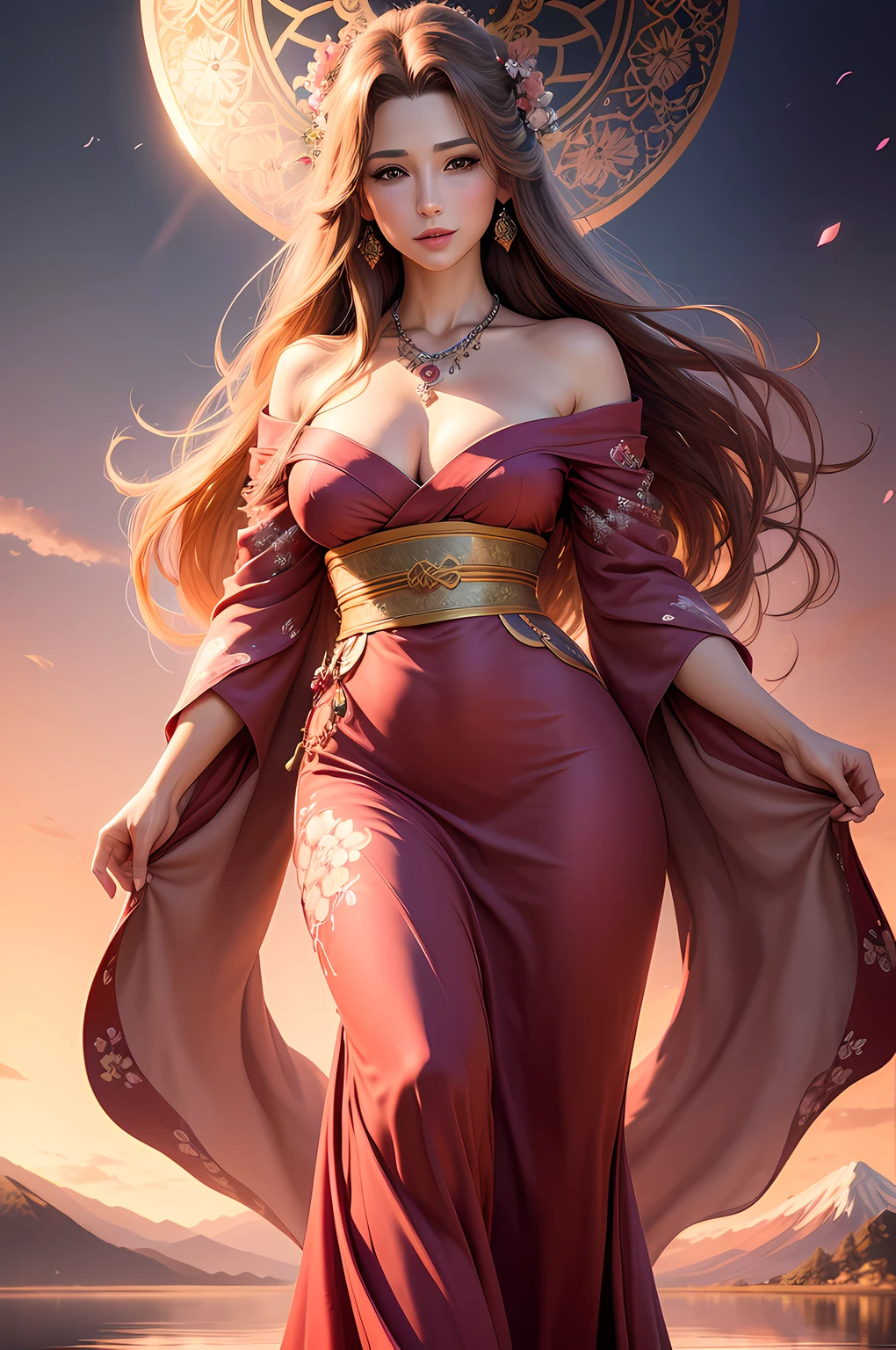 (highres, ultra-detailed, realistic:1.37), aerith, final fantasy, beautiful body, beautiful detailed eyes, detail-oriented nose, luscious red lips, long flowing hair, radiant smile, royal attire, intricate jewelry, graceful pose, enchanting expression, mount fuji in the background, vibrant colors, soft lighting, regal atmosphere, atmospheric perspective, stunning landscape, floating clouds, magical aura, timeless beauty, intricate patterns, ethereal ambiance, striking contrast, dreamlike quality, cinematic composition, short dress, kimono style, cherry blossom