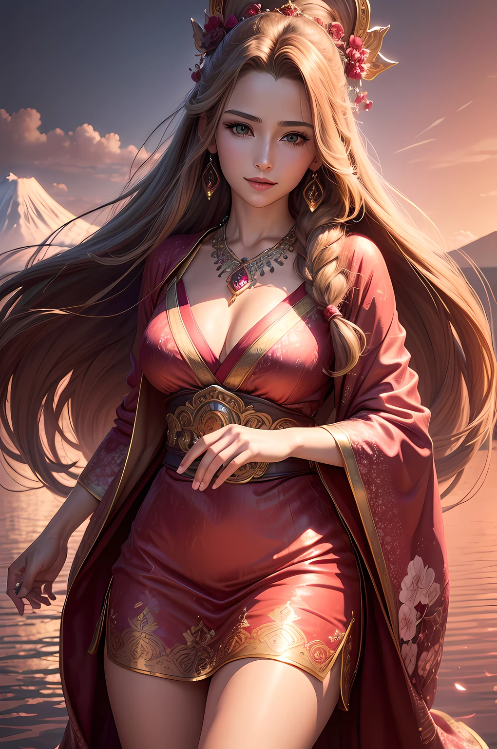 (highres, ultra-detailed, realistic:1.37), aerith, final fantasy, beautiful body, beautiful detailed eyes, detail-oriented nose, luscious red lips, long flowing hair, radiant smile, royal attire, intricate jewelry, graceful pose, enchanting expression, mount fuji in the background, vibrant colors, soft lighting, regal atmosphere, atmospheric perspective, stunning landscape, floating clouds, magical aura, timeless beauty, intricate patterns, ethereal ambiance, striking contrast, dreamlike quality, cinematic composition, short dress, kimono style, cherry blossom