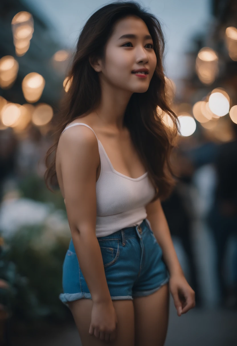 Fille de 15 ans, Korean girl wearing sports shorts, crop top, grosse poitrine, rue, overcrowded people, accentuation cuisses, Bokeh, realistic lighting, photo realist, Cinematic color calibration, High-quality 8K photo, ultra high quality, selfie