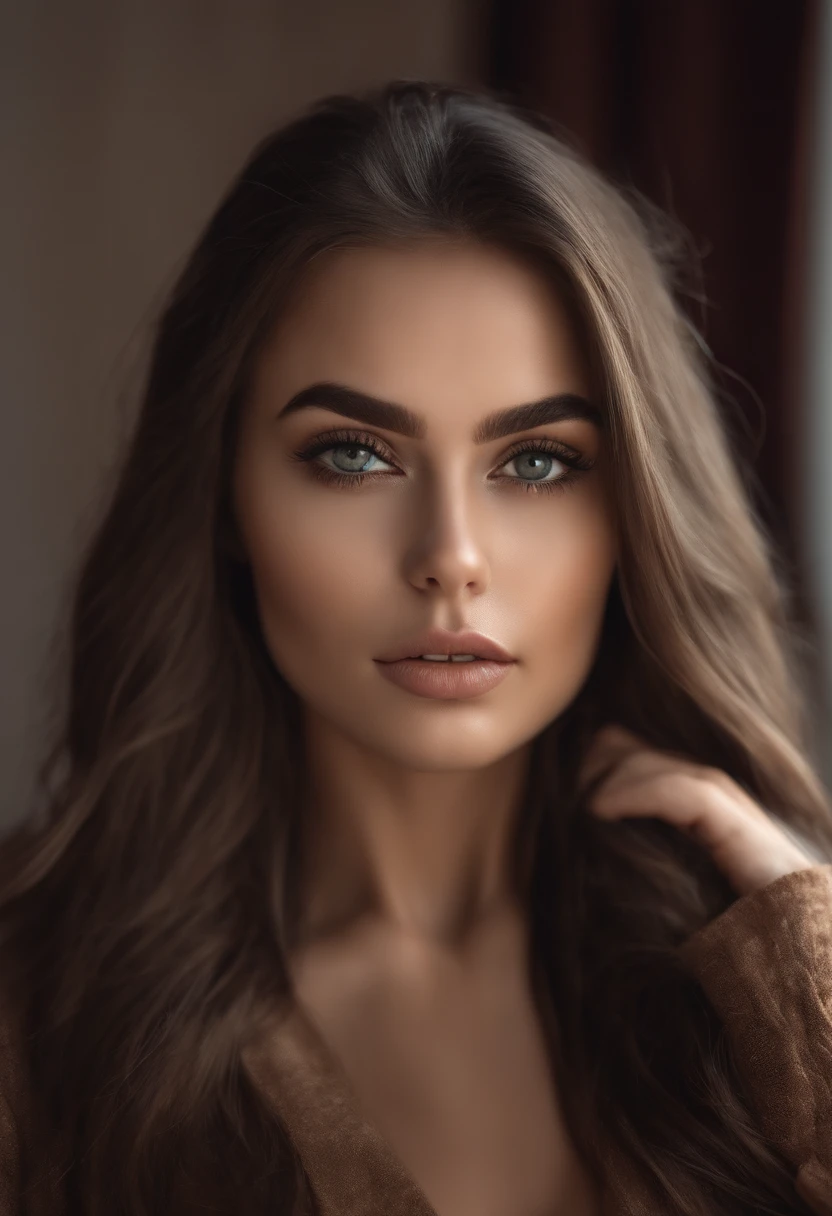 Arafed woman completely , fille sexy aux yeux bruns, ultra realist, Meticulously detailed, Portrait Sophie Mudd, cheveux bruns et grands yeux, selfie of a young woman, Dubai Eyes, Violet Myers, sans maquillage, maquillage naturel, looking straight at camera, Visage avec Artgram, Maquillage subtil, Great photo of the whole body kneeling on the bed, dans la chambre, Medium to large bust