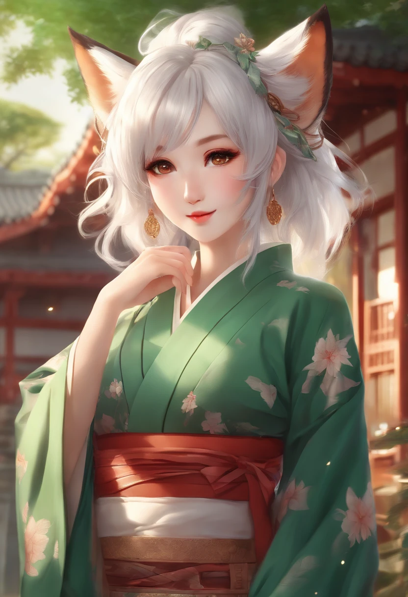 a happy beautiful white-haired anime fox girl wearing green kimono, wavy hair, anime, beautiful face, portrait, soft lighting, blur, flare, detailed accessories, graceful pose, detailed face, detailed kimono, detailed Japanese building background, hyperdetailed, masterpiece, 4k, 8k