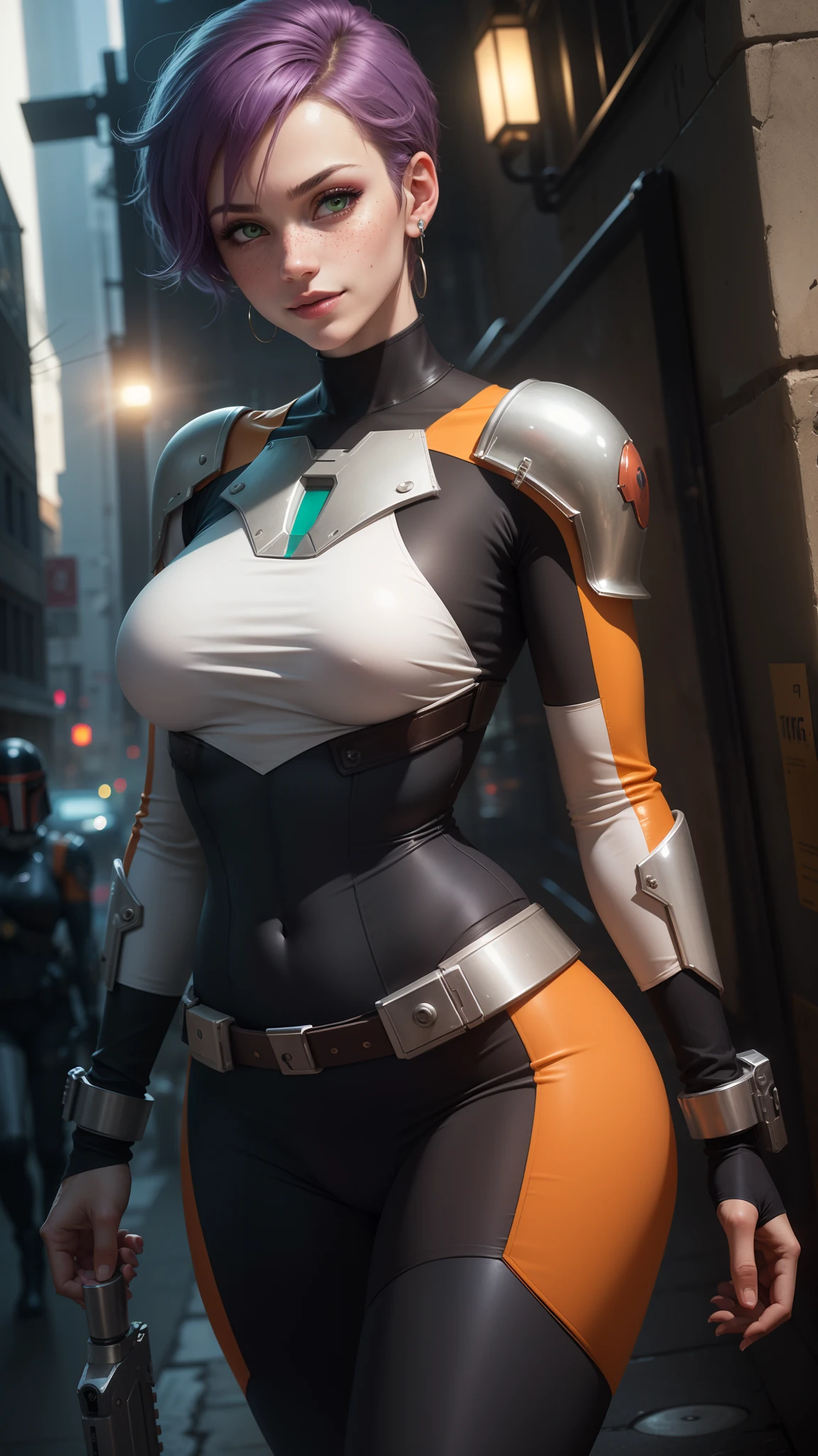 gwen tennyson,tracer,bulma,rebecca chambers,overwatch,1girl,sunny,close up,cyberpunk city,space ship,planet, mandalorian,military uniform,bounty hunter gear,green long sleeve lycra top,military leggings,short hair,silver earrings,night gown,holding a blaster, gothic makeup,green eyes,orange hair,purple hair highlights,shy smile, freckles,redhead,beautiful girl,large breasts,ultra detailed,realistic,fantasy art,