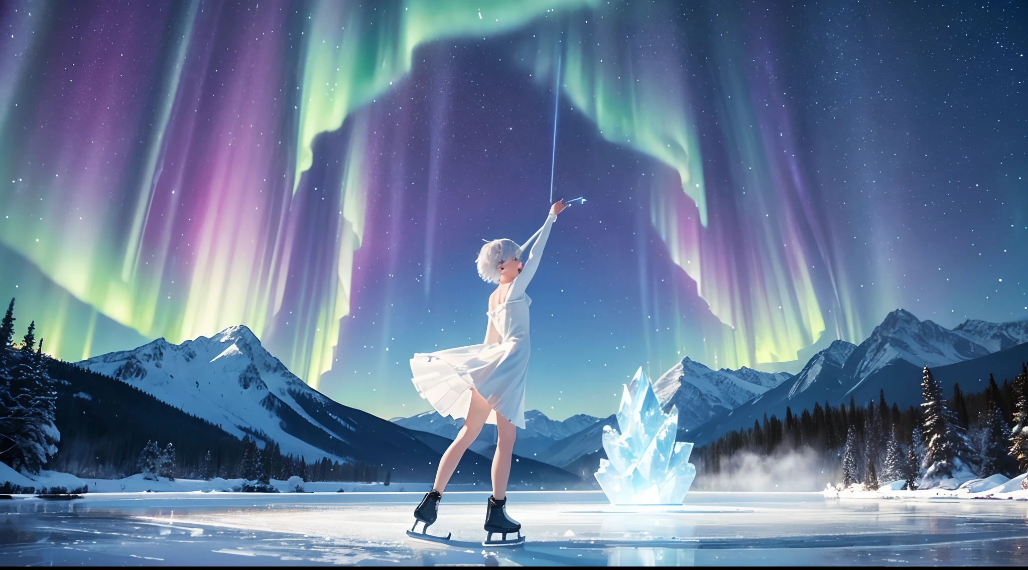 ((Best Quality, 8K, Masterpiece: 1.3)), landscape, frozen, frozen lake surrounded by mountains, morning shoot, star trail, aurora, girl with short hair ice skating, thights, white skirt, ice skating, skate trail, shadow, graceful, happy, look at the sky, view from back, amazing scenery, snowfall, stars making a circle, light waves, magic.