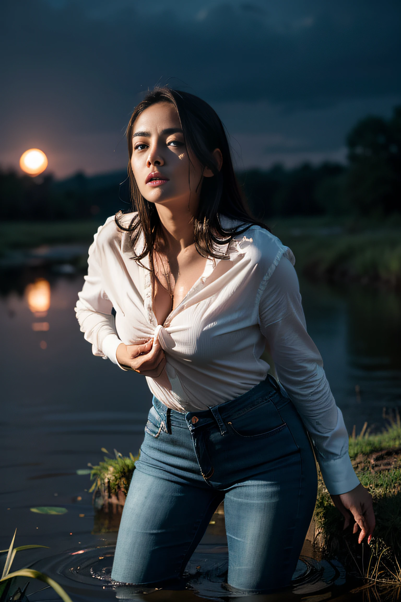 Dynamic frame, molestation, The woman,breaks taboos, A shameful inclination, Waiting to be punished:1.2, (drowning in a swamp),standingn,In flared jeans and blouse. Very sweaty face, strong blush,Black Night Sky, Clouds, luna, woods,