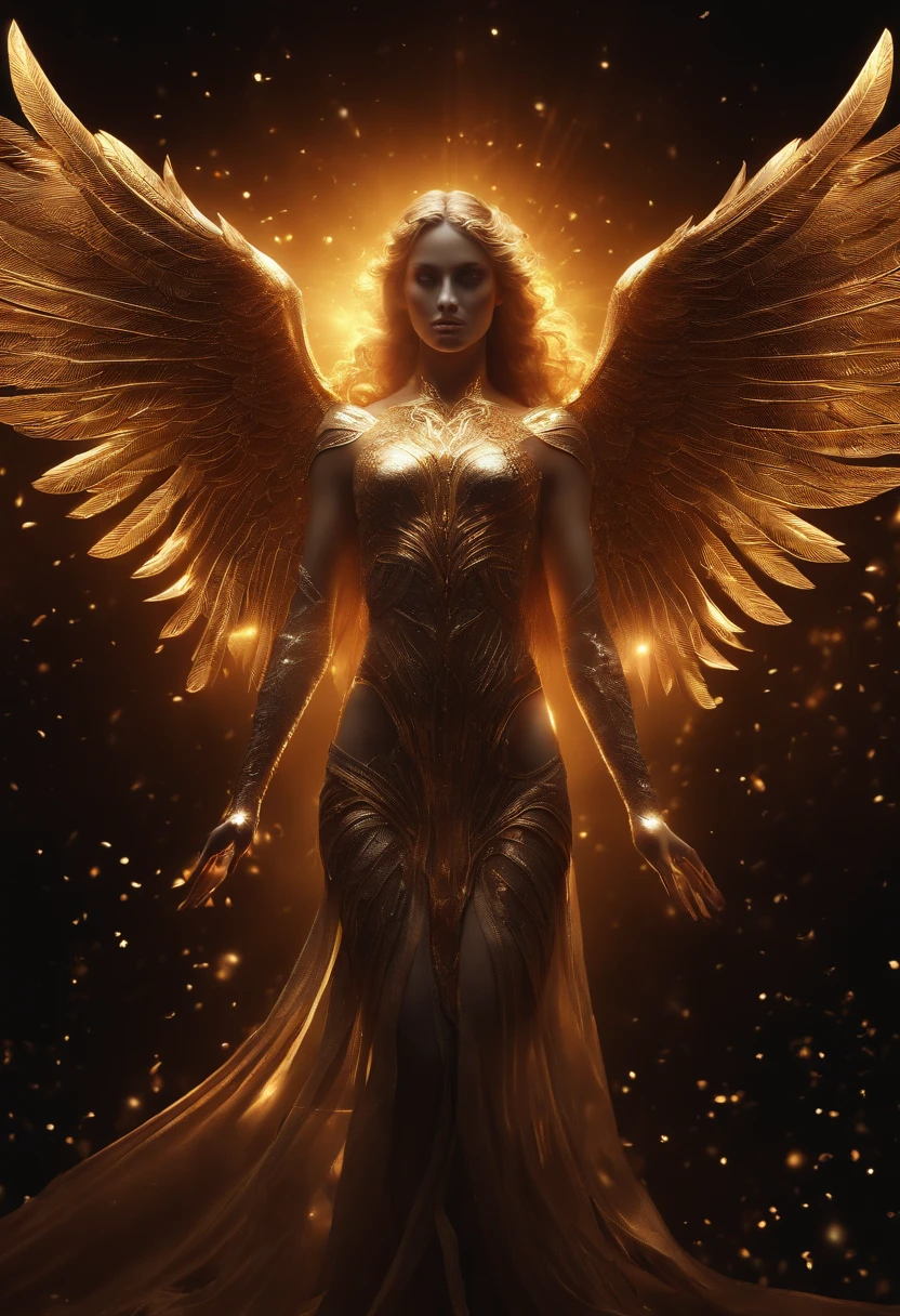 ((The Justice angel)),(take flame blade which reflect the dizzle light),burnning up in fire,equiped with golden armer,((eyes shinning gold beam)),background in holy beaming from the heaven,((illustration style)),official art,epic