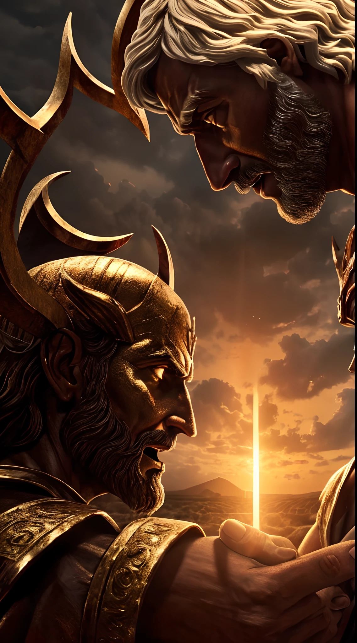 Biblical scene, God face to face with the devil, God is more powerful, god versus devil. Sesus defeating the devil in fear of godHowever, the Bible also teaches us that God is more powerful than the devil, ultra-realistic scene, 8k