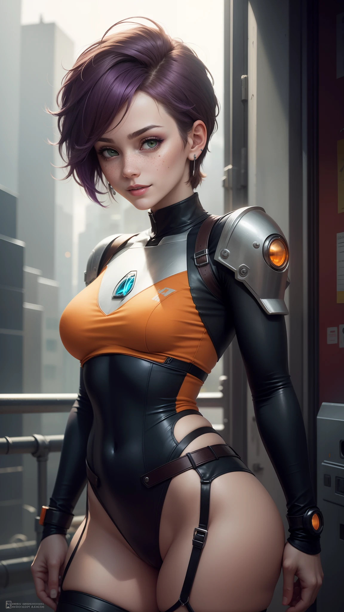 gwen tennyson,tracer,bulma,rebecca chambers,overwatch,1girl,sunny,close up,cyberpunk city,space ship,planet, mandalorian,military uniform,bounty hunter gear,garter belt,long sleeve lycra top,lycra micro shorts,short hair,silver earrings,holding a blaster, gothic makeup,green eyes,orange hair,purple hair highlights,shy smile, freckles,redhead,beautiful girl,large breasts,ultra detailed,realistic,fantasy art,