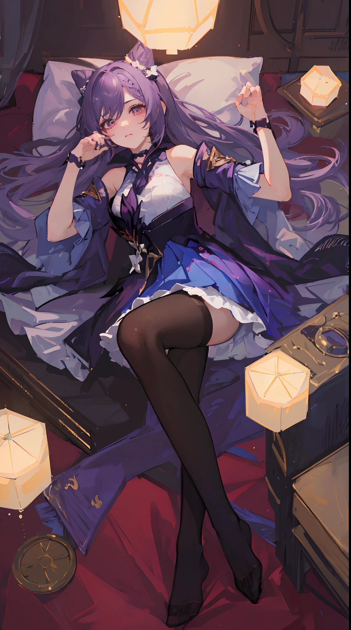 (Extremely detailed Cg Unity 8K wallpaper,tmasterpiece,Best quality at best,ultra - detailed,Complicated details),(Extremely refined and beautiful),1girll,Keqing,Keqing_base_uniform,Lie down in bed,legs separated,and wear no underwear,does not wear panties,Revelation,legs separated, Lateral breast exposure, Chest exposure, Scratches, Vaginal opening, Revelation ,Vaginal opening, legs separated,Scratches,with no underpants,Revelation,The vaginal opening is exposed,Vaginal opening valgus,Scratches,