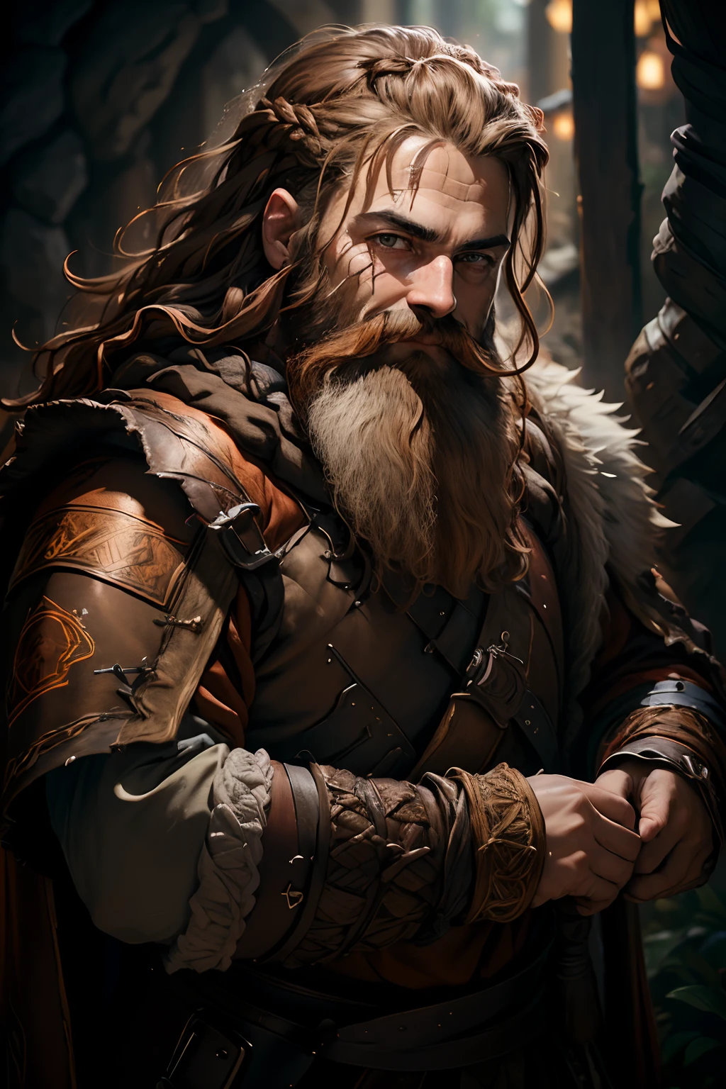 (Masterpiece, Best Quality:1.3), highres, (8k resolution), (ultra-detailed portrait:1.1), Dwarf, braided brown hair, braided brown beard, sad brown eyes, light smile, red and orange robes,