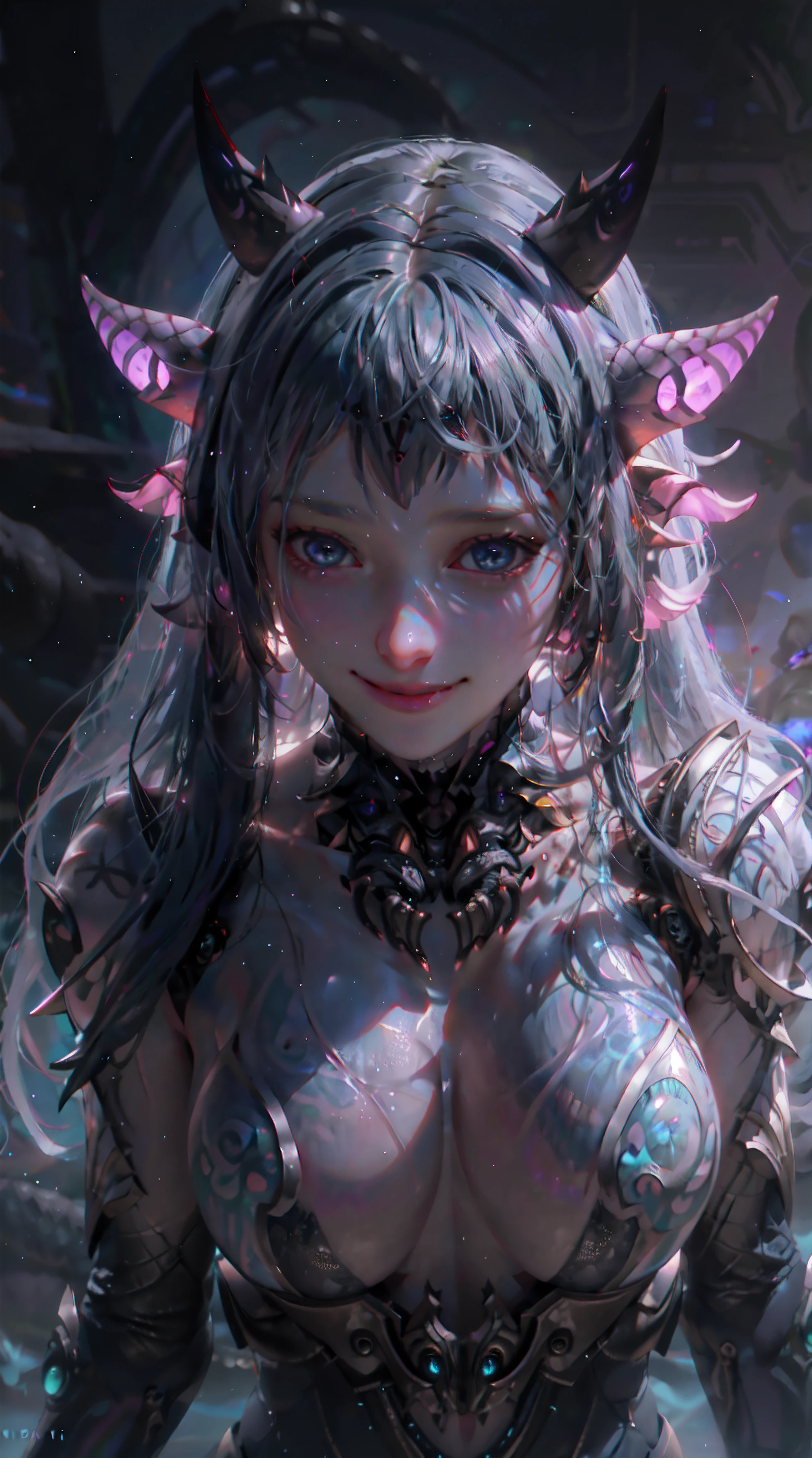 POV, cyborg, loli, upper body, biomechanical, glowing scales,Glowing horns, Glowing eyes, Glowing hairs, Colorful hairs, long hairs, ethereal background, mystical atmosphere, colorfu, intricate patterns, atmosphere, ultra high res, (photorealistic:1.4), raw photo,16K,dramatic lighting, looking at views,