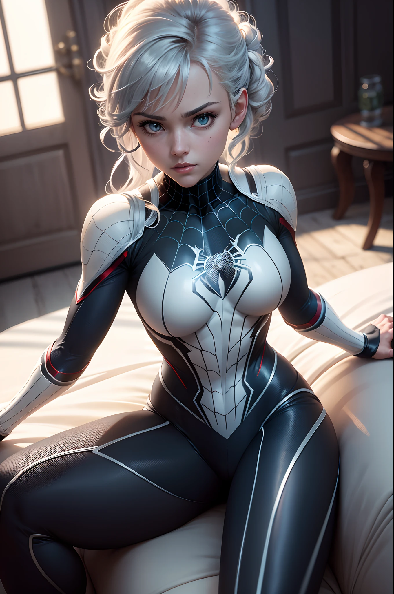 (Extreme Detail CG Unity 8K wallpaper, masterpiece, highest quality), (exquisite lighting and shadow, highly dramatic picture, cinematic lens effect), a girl in a white Spider-Man costume, silver-gray hair color, from the Spider-Man parallel universe, Wenger, Marvel, Spider-Man, sitting on the couch, dynamic pose), (excellent detail, outstanding lighting, wide angle), (excellent rendering, enough to stand out in its class), focus on white Spider-Man costumes, complex spider textures, Perfect composition