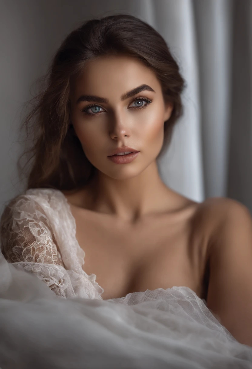 Arafed woman completely , fille sexy aux yeux bruns, ultra realist, Meticulously detailed, Portrait Sophie Mudd, cheveux bruns et grands yeux, selfie of a young woman, Dubai Eyes, Violet Myers, sans maquillage, maquillage naturel, looking straight at camera, Visage avec Artgram, Maquillage subtil, Great photo of the whole body kneeling on the bed, dans la chambre, Medium to large bust