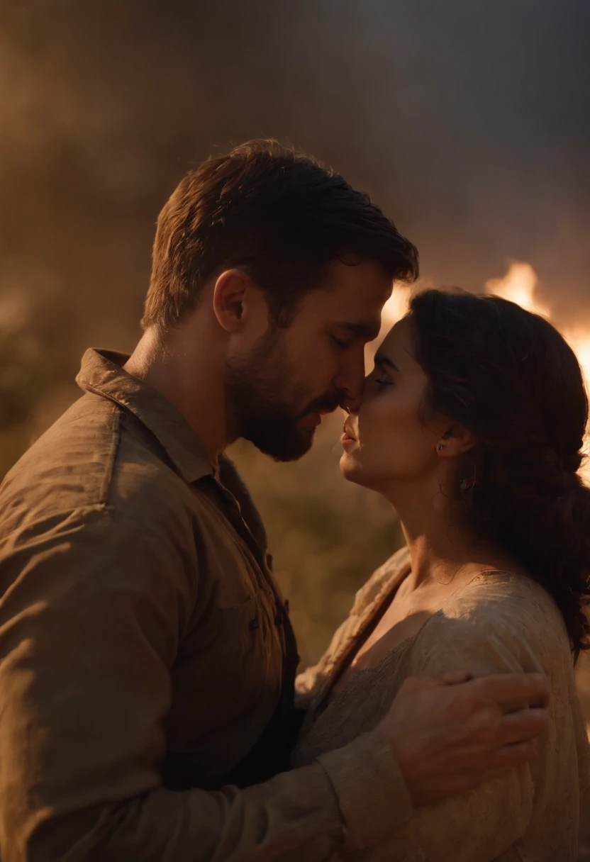 casal apaixonado em meio a guerra, com tiros e fogo, noite, terror, medo, guerra