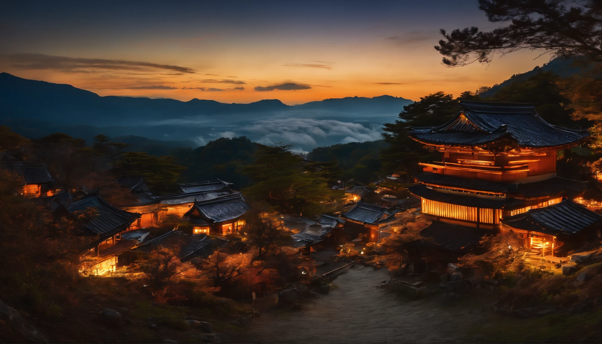 Imagine a top view of a Japanese village at night, with the iconic Starry Night style of Van Gogh. The focal point of the composition is a beautiful halo of light, casting a stunning gradient of sunset colors over the autumn landscape. The play of shadows and light effects create a mesmerizing nightscape that will transport you to another world. ( ( Top view, high angle view, Focal point composition) ) van gogh starry night style, nightscape, nightscene, night lanterns, japanese village, Sunset Gradient, moonlit night, halo, Ancient japanese shrines architecture, there are many scattered buildings on the high mountain, ( huge Taoist incense burner, Sending out exquisite and beautiful magical effects) , waterfall cascading from the island, a vast sea of clouds, spectacular waterfalls, group of buildings, lanterns and sky lanterns floating in the air, illuminated silouette clouds