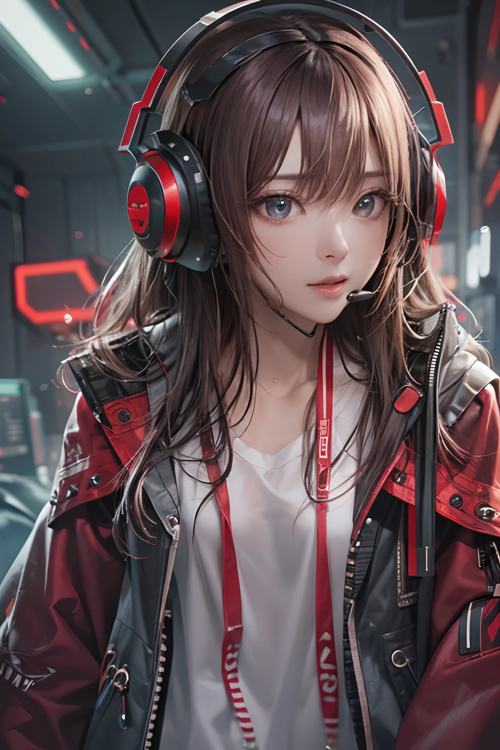 masterpiece, 1 beautiful girl, Detailed eye, Swollen eyes, top-quality, 超A high resolution, (reality: 1.4), 电影灯光, japanes, a asian beauty, very extremely beautiful, Beautiful skins, A slender, Forward-facing body, (A hyper-realistic), (hight resolution), (8K), (ighly detailed), ( Best Illustration), (beautifully detailed eyes), (ultra-detailliert), 详细的脸, Bright lighting, Professional Lighting、The background is a cyberpunk room with many monitors..、The cord is connected from the costume、Hair color is red、headset on head、small tattoo on face、Female Game Commentator