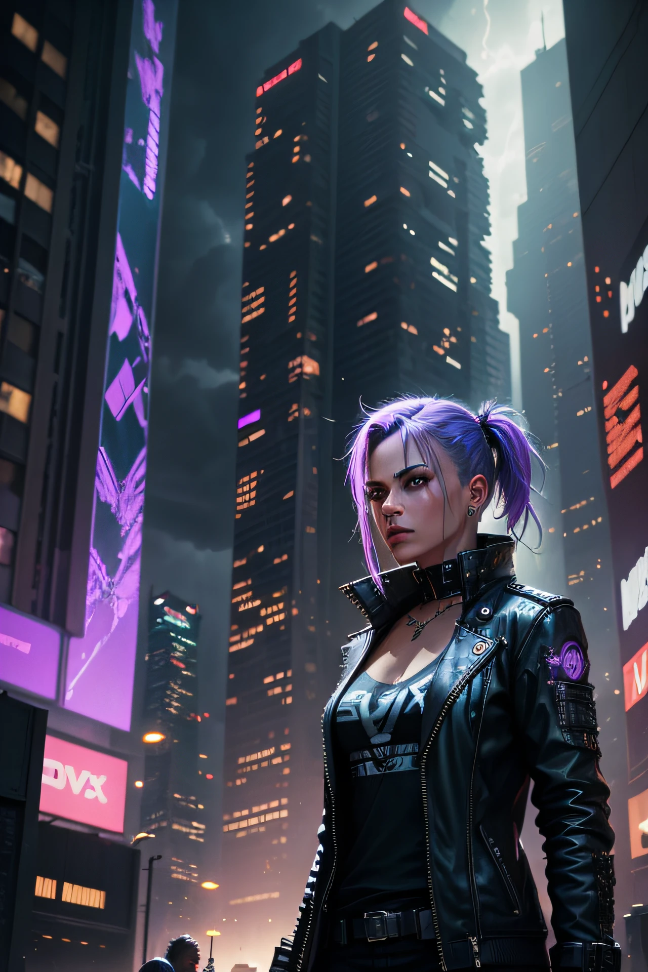 Cyberpunk city, angel and storm , sky at night violet lights , SNTHWVE-STYLE NVINKPUNK, author:Jeremy Mann, by Sandra Chevrier, author:Dave McKean、Richard Avedon and Maciej Kuciara。, Punk rock, Tank girl, high detal, 4K, RTX