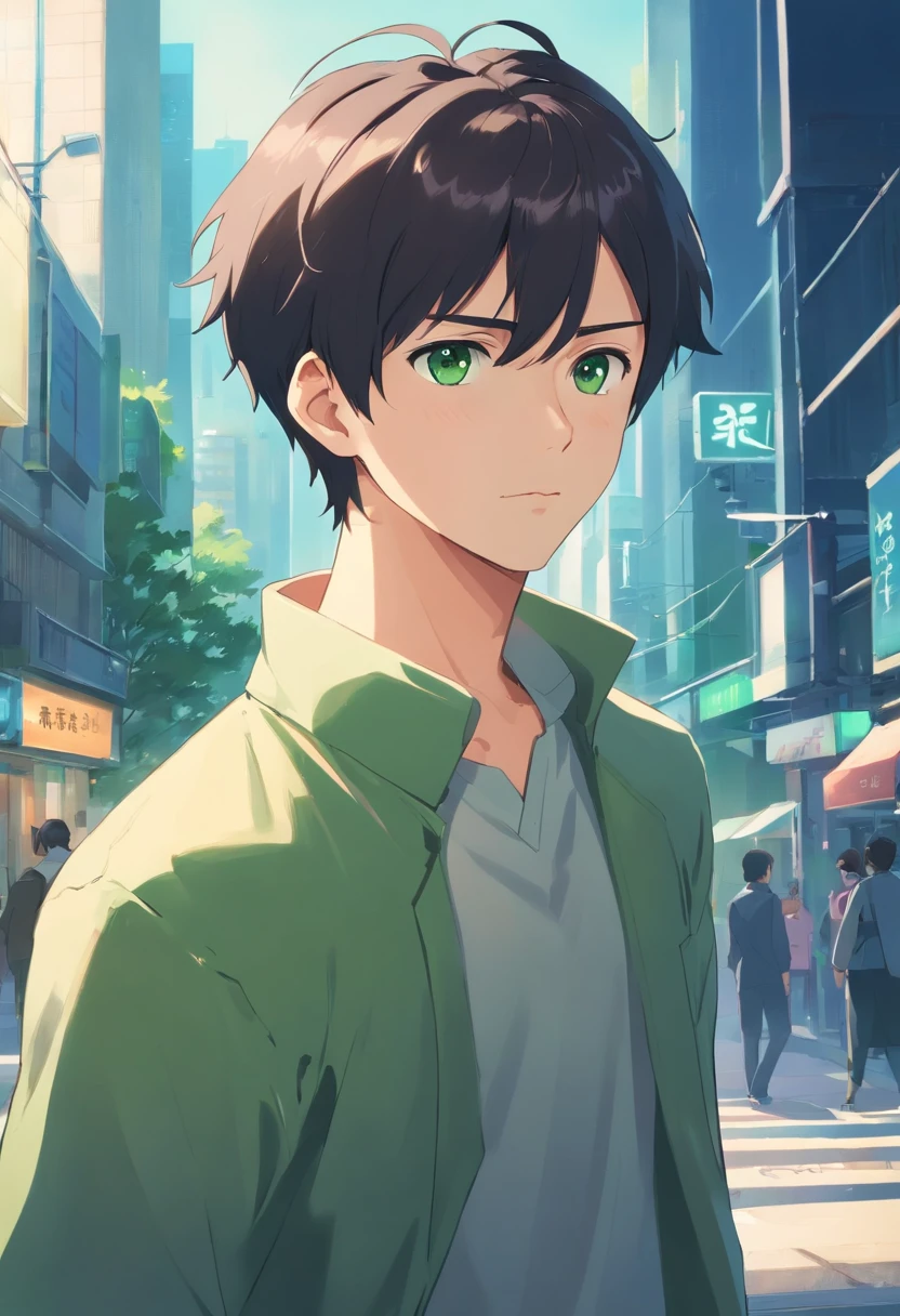 25-year-old stoic man with short black hair, green eyes and a short beard, dreesed as abusinessman of the time, looking for the purpose of life
