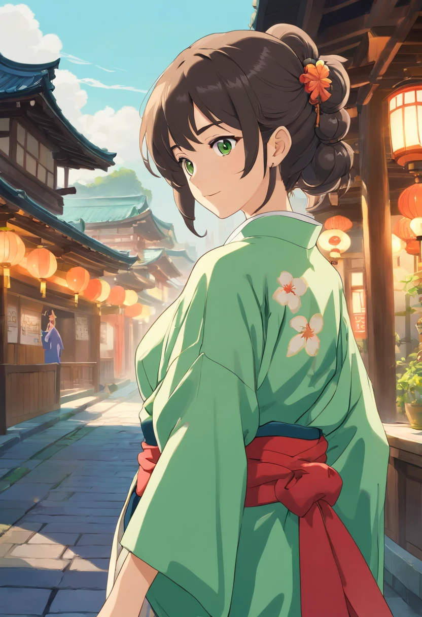 Una feliz hermosa chica zorro de anime de pelo blanco con kimono verde, cabello ondulado, anime, Cara hermosa, retrato, Soft lighting, desdibujar, bengala, Accesorios detallados, Pose elegante, Cara detallada, Kimono detallado, Detailed background of the Japanese building,