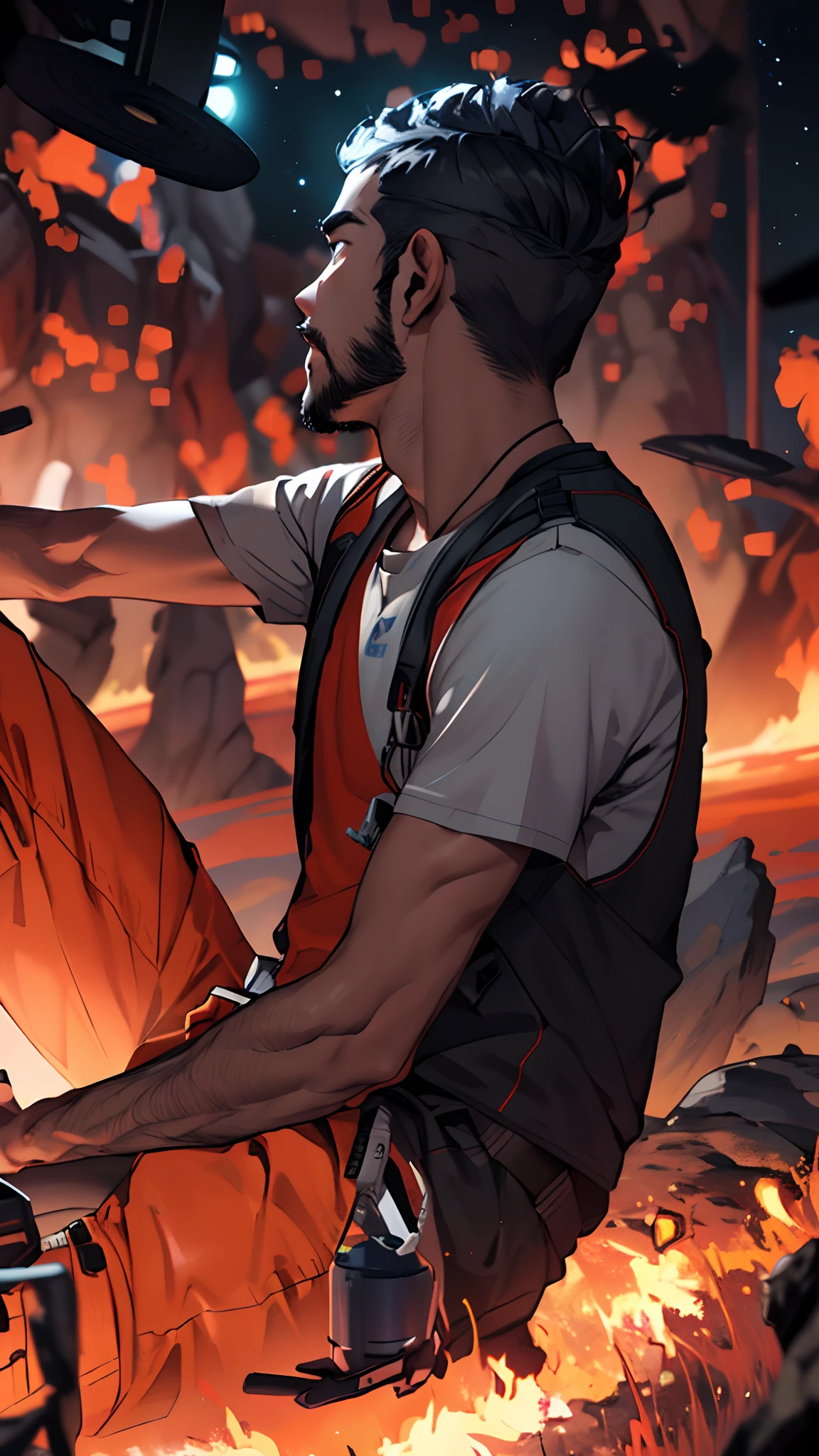 Draw a young programmer, sitting on a research platform floating in the middle of an asteroid belt. He is studying with a notebook, surrounded by several asteroids glowing with fiery auras. Dramatic lighting from distant stars and planets illuminates the scene, casting deep shadows on the suit. The young man looks confident and determined, looking at the vast and mysterious universe with wonder and respect,facial hair, cowboy shot,