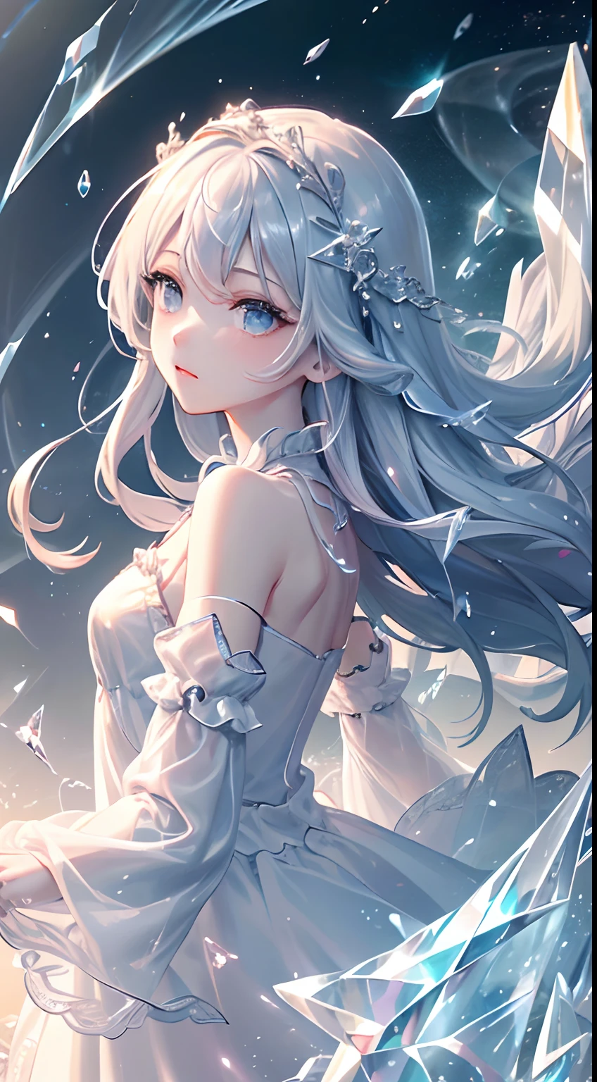 (masterpiece、top-quality、supreme、Official art、Beautifully Aesthetic、long exposure time:1.2)、Smooth movement、Charming Patterns、1 girl in、(Long Dress with Sleeves:1.3)、(((white clothes)))、upper body closeup、bare shoulders、chinaese girl、red blush、Pink twin-tailed hair、portraitures、独奏、The upper part of the body、Look at the observer、细致背景、A detailed face、(Crystallized AI、Crystal Theme:1.1)、elemental wind elves、Rotating wind、 the wind、White crystal clothes、Dynamic Poses、particles floating、Ether dynamics、whirlwinds、steams、whirlwind in the background、White tone、whirlwinds、Ethereal Atmosphere、
