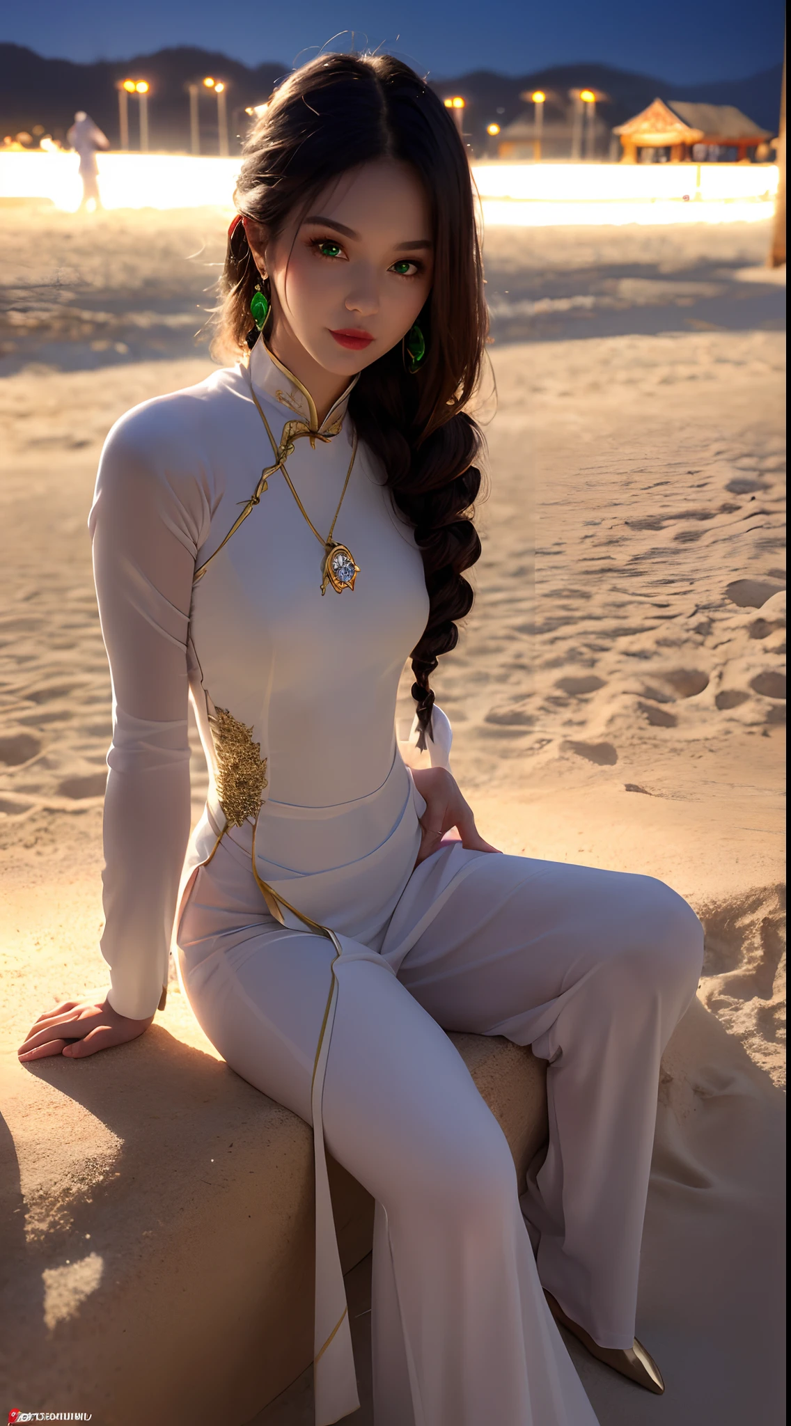 1 beautiful young princess, ((wearing a super thin white ao dai and super sexy:1.9)), ((braided hair with long black bangs: 1.6)), ((pink nipples and small areola)), ((hair jewelry:1.9)), ((upper body gold jewelry:1.9)), ((Very delicate gold necklaces:1.7)), ((earrings with emeralds:0.8)), noble, noble style of an extremely beautiful girl, super cute little face, very pretty face, fur thin eyebrows, flawless beautiful face, ((black eye pupils: 0.8)), very beautiful eyes, ((green eyes eyes: 1.6)), beautiful makeup and detailed hairdo, eyelashes, eye makeup wet, high nose, earrings, red lips, ((closed mouth: 1;5 )) beautiful lips, slim hands, ((arms spread out to the sides: 1.7)), rosy face, clean face, flawless beautiful face, smooth white skin, firm breasts, nice cleavage, ((super big and round breasts: 1.6)), beautiful breasts, perfect body, ((bent sitting position:1.6)), put your hands behind you, ((open your legs and not be shy:1.5)), 8k photos, super high quality, super realistic, super 10x pixels, optical, bright studio, bright edges, two-tone lighting, (high detail skin:1.2), super 8k, soft lighting , high quality, volumetric light, optical, optical high resolution, light, best photo, 4k, 8k quality, blur effect, smooth sharpness, 10 x pixels, ((beach at night background:1.5)), aurora, lightning, super realistic graphics, most realistic graphics, alone, solo, Extremely sharp, surreal images, (((frontal portrait: 1.6)))."