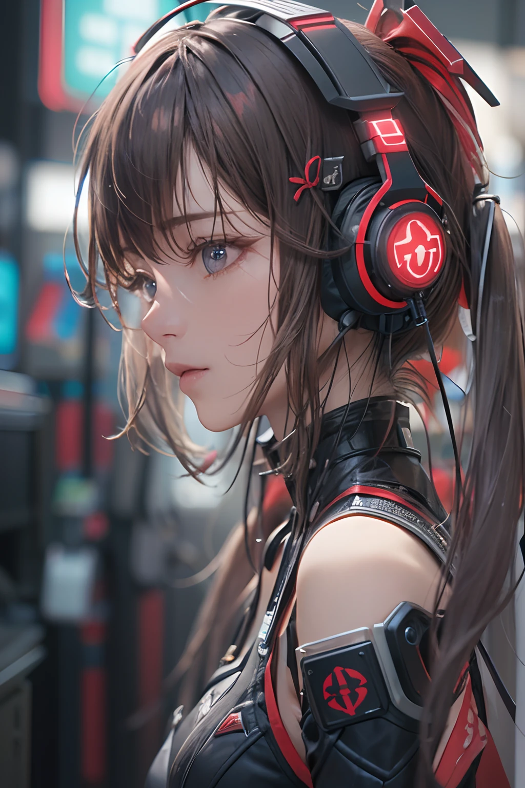 masterpiece, 1 beautiful girl, Detailed eye, Swollen eyes, top-quality, 超A high resolution, (reality: 1.4), 电影灯光, japanes, a asian beauty, very extremely beautiful, Beautiful skins, A slender, Forward-facing body, (A hyper-realistic), (hight resolution), (8K), (ighly detailed), ( Best Illustration), (beautifully detailed eyes), (ultra-detailliert), 详细的脸, Bright lighting, Professional Lighting、The background is a cyberpunk room with many monitors...、The cord is connected from the costume、Hair color is red、headset on head、small tattoo on face、Female Game Commentator