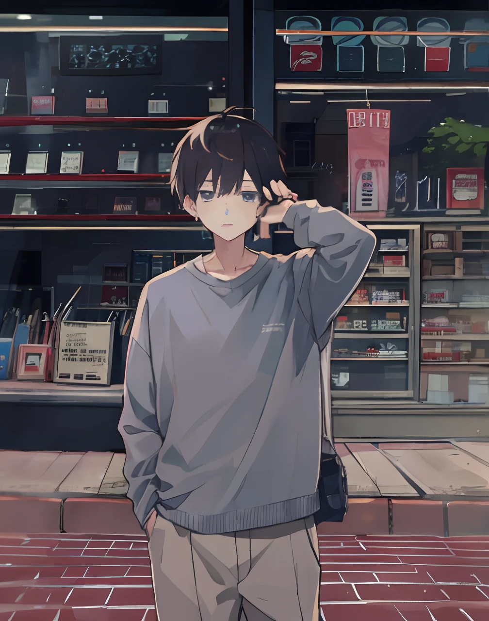 anime boy with camera taking picture of a store front, anime style 4 k, lofi portrait, high quality anime artstyle, lofi artstyle, in an anime style, anime moe artstyle, anime boy, young anime man, artwork in the style of guweiz, anime style. 8k, with short hair, in anime style, lofi girl