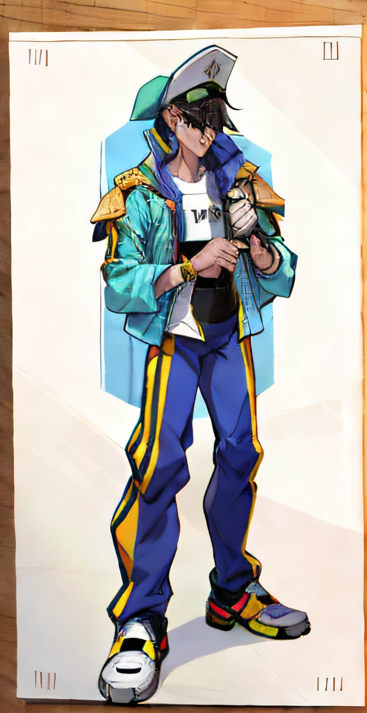 a drawing of a boy with his head held high with his gaze up, holding a large mouthkey tool in his hands and wearing a cap;, conceito de corpo inteiro, desenho de caracteres de corpo inteiro, full body character concept, personagem posando para arte conceitual, contornos pesados, conceito de personagem irrealista, design de personagens humanoide, conceito detalhado de corpo inteiro, retrato de corpo inteiro, retrato de corpo inteiro de um curto!, retrato de corpo inteiro, retrato de corpo inteiro, design de roupa clara
