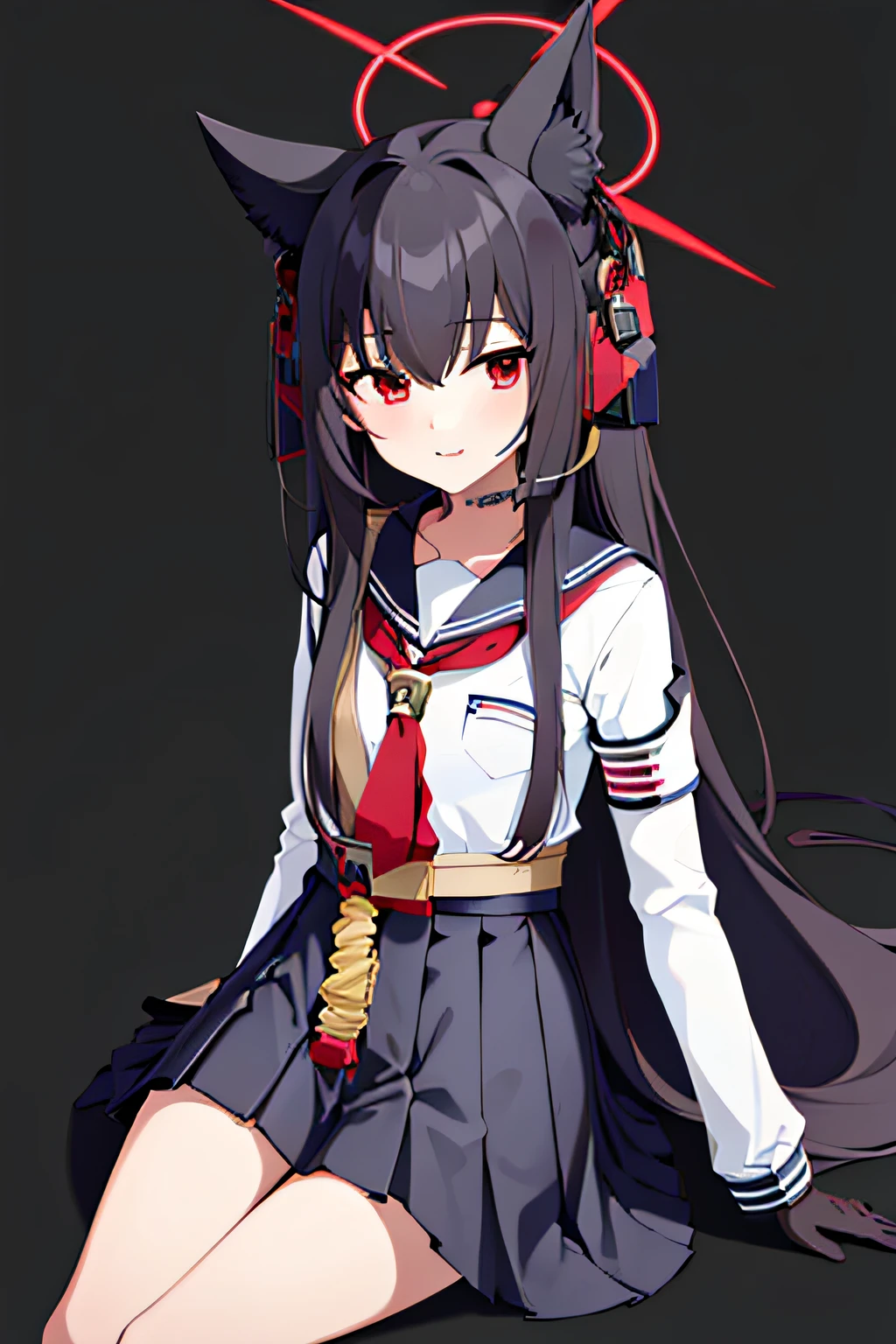 Shichido Yukino, 1girll, Solo, Long hair, view the viewer, Black hair, Red eyes, Long sleeves, White background, Animal ears, hair between eye, Pleated skirt, tiese, serafuku, black thighhigns, Earphone, Halo, Two-tone gloves, Smile, Sitting