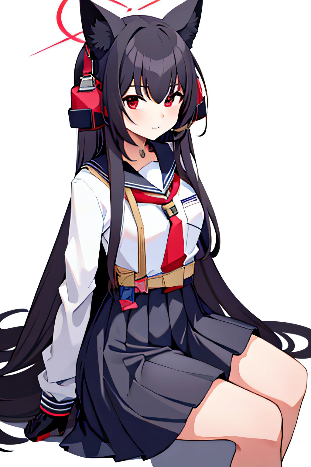 Shichido Yukino, 1girll, Solo, Long hair, view the viewer, Black hair, Red eyes, Long sleeves, White background, Animal ears, hair between eye, Pleated skirt, tiese, serafuku, black thighhigns, Earphone, Halo, Two-tone gloves, Smile, Sitting