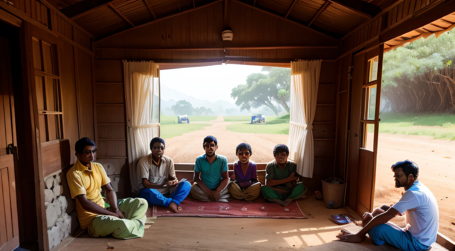1 Indian farmer man with only 4 lazy youngster boys in a hut
