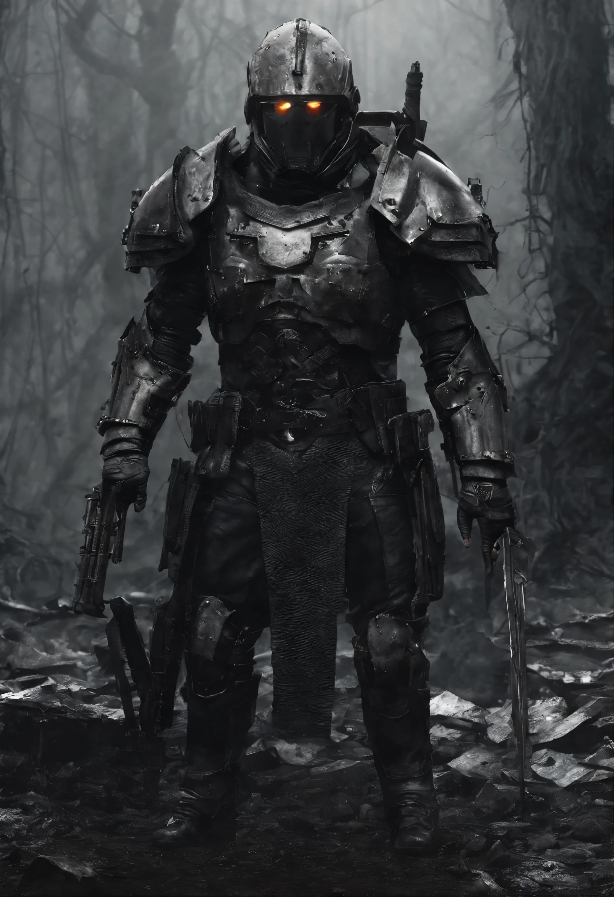(best quality,4k,8k,highres,masterpiece:1.2),ultra-detailed,(realistic,photorealistic,photo-realistic:1.37),cavern,gothic armor,damaged armor,zombie in armor,zombie with wounds,covered in wounds,rusty armor,grim and dark atmosphere,evocative lighting,ominous ambiance,macabre setting,dark shadows,ominous mood